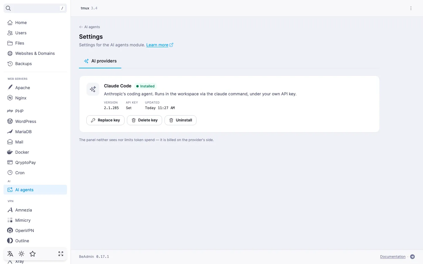 module settings, AI providers tab — the provider card with the shared key set