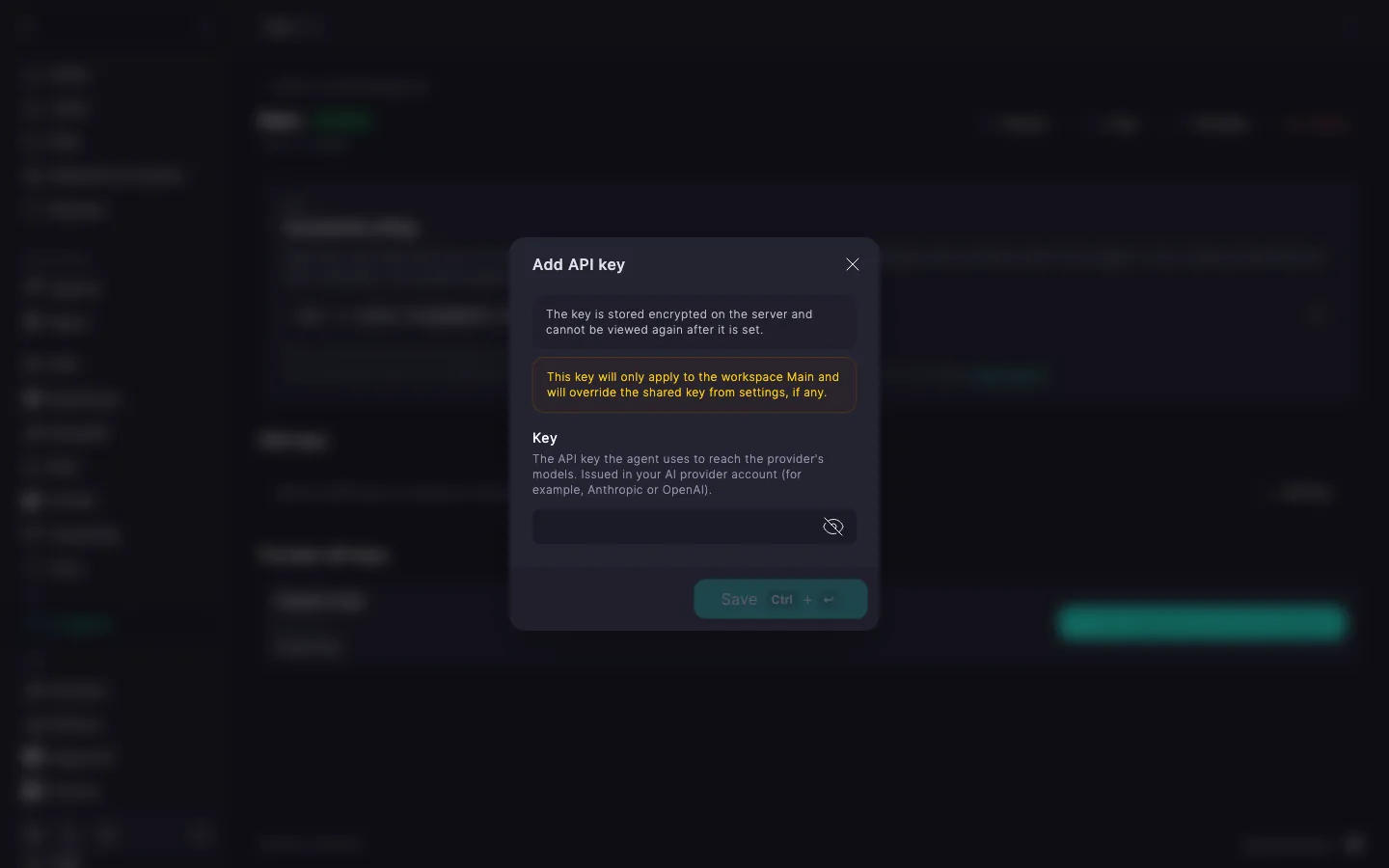 workspace key dialog with an empty Key field and a note that the key will replace the shared one