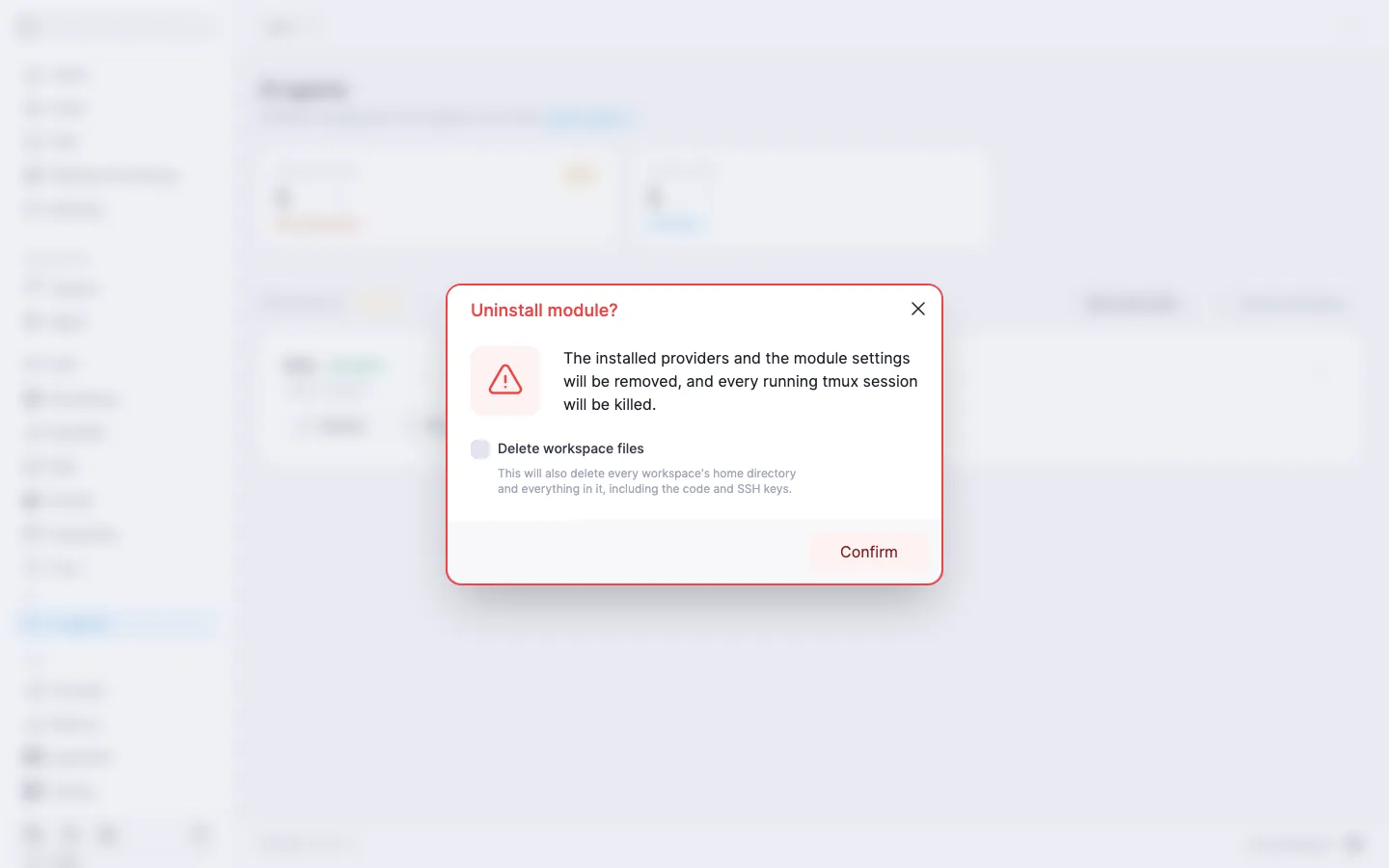 module deletion dialog with the Delete workspace files checkbox, cleared by default