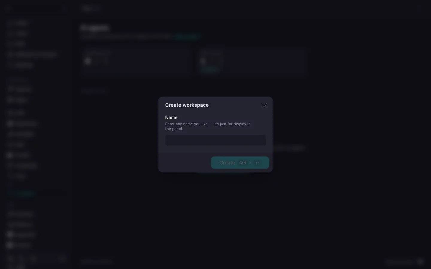 Create workspace dialog with the Name field and the Create button