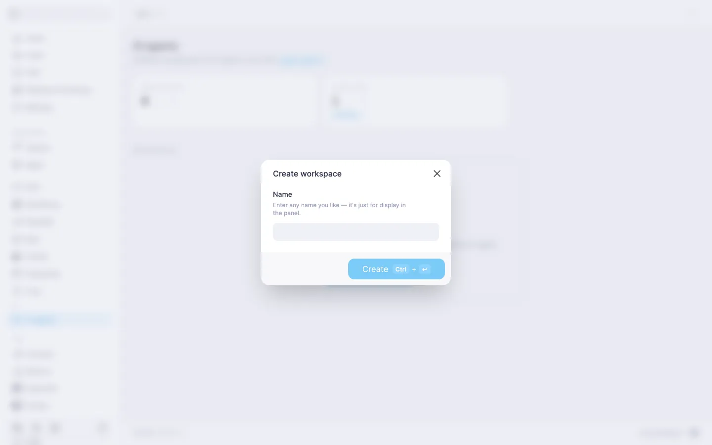 Create workspace dialog with the Name field and the Create button