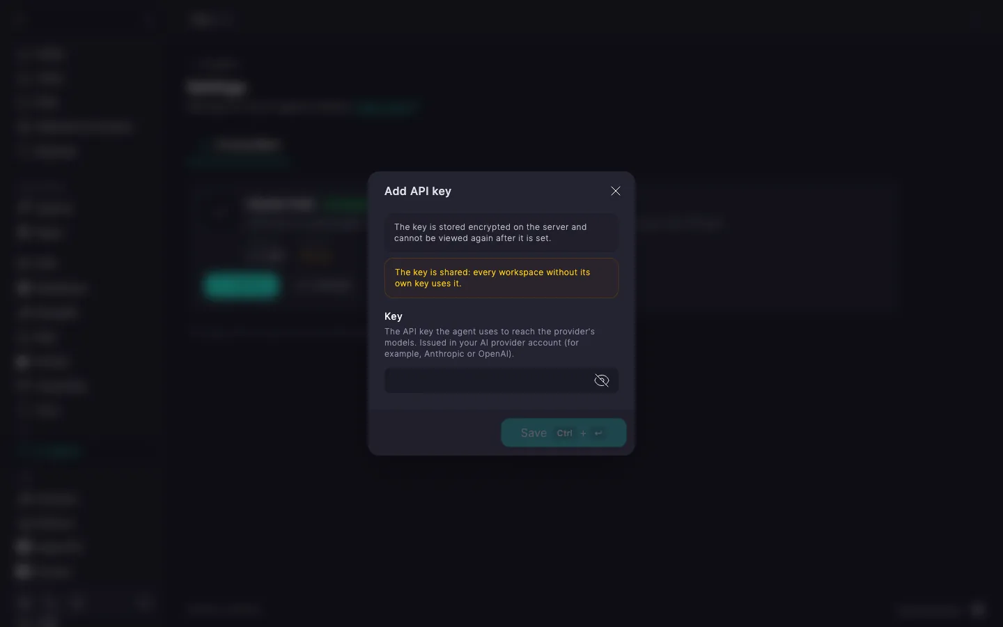 Add API key dialog with the Key field and the Save button