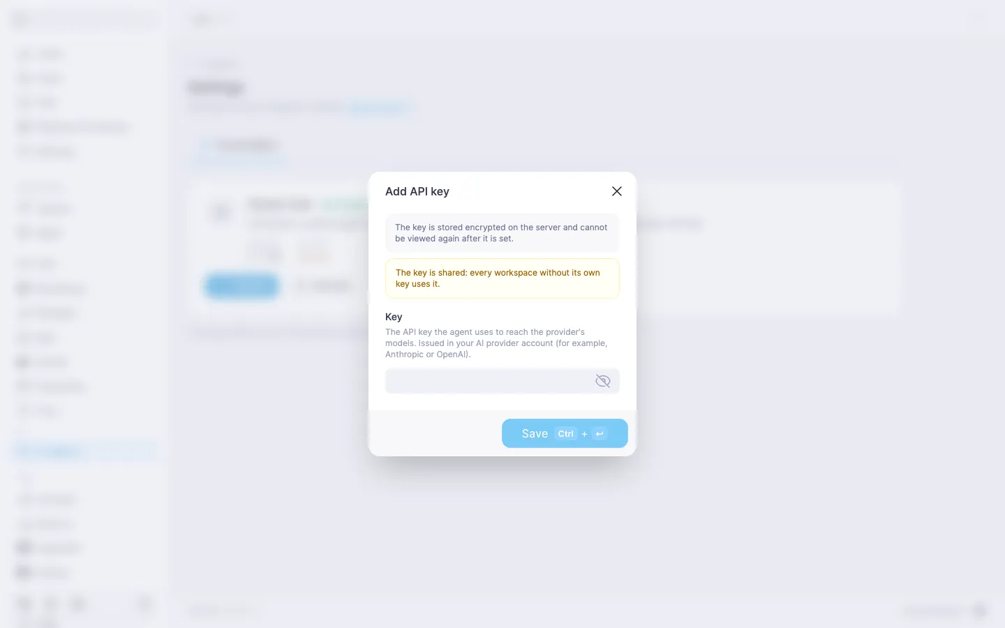 Add API key dialog with the Key field and the Save button