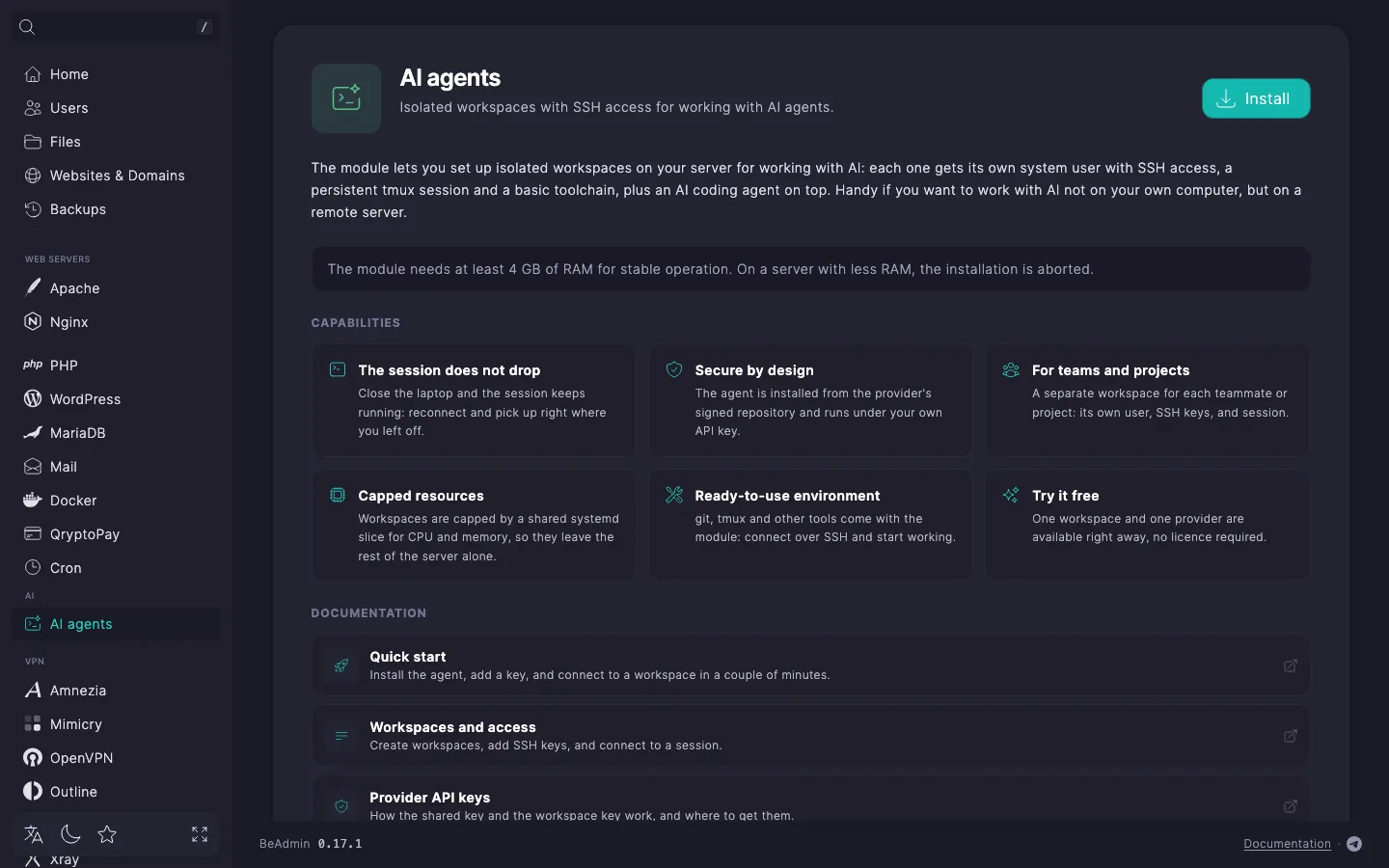 AI agents module page before installation — module description, the RAM requirement, and the Install button