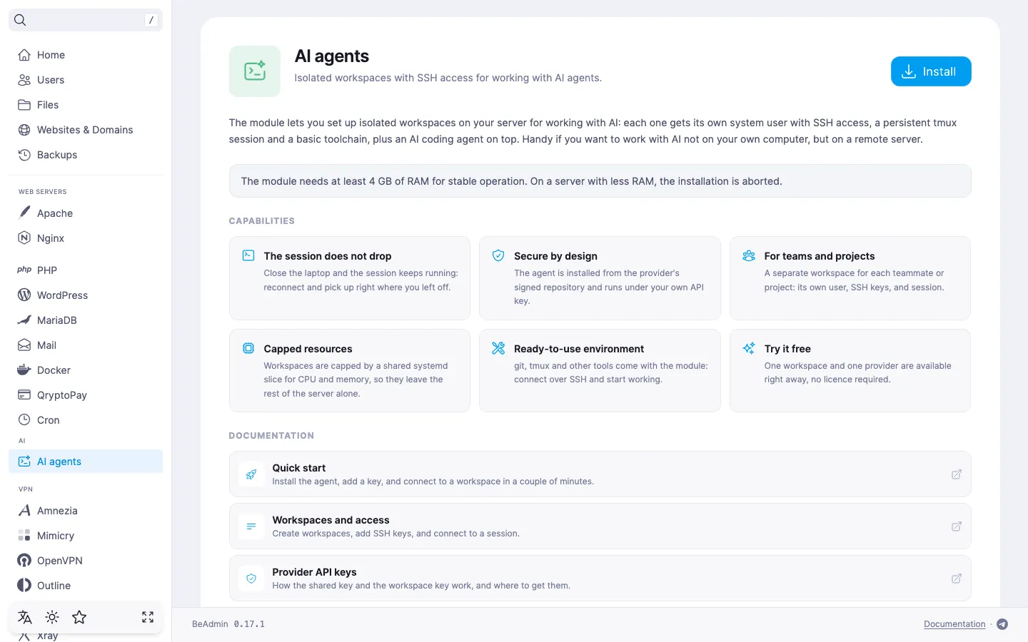 AI agents module page before installation — module description, the RAM requirement, and the Install button