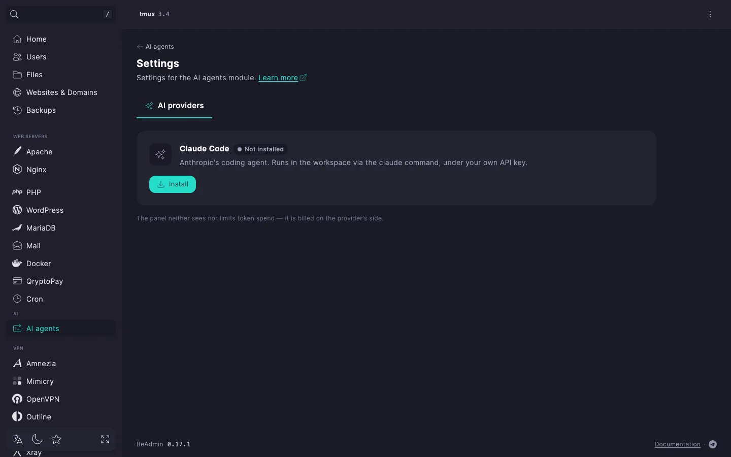 module settings, AI providers tab — the Claude Code card with the Not installed status and the Install button