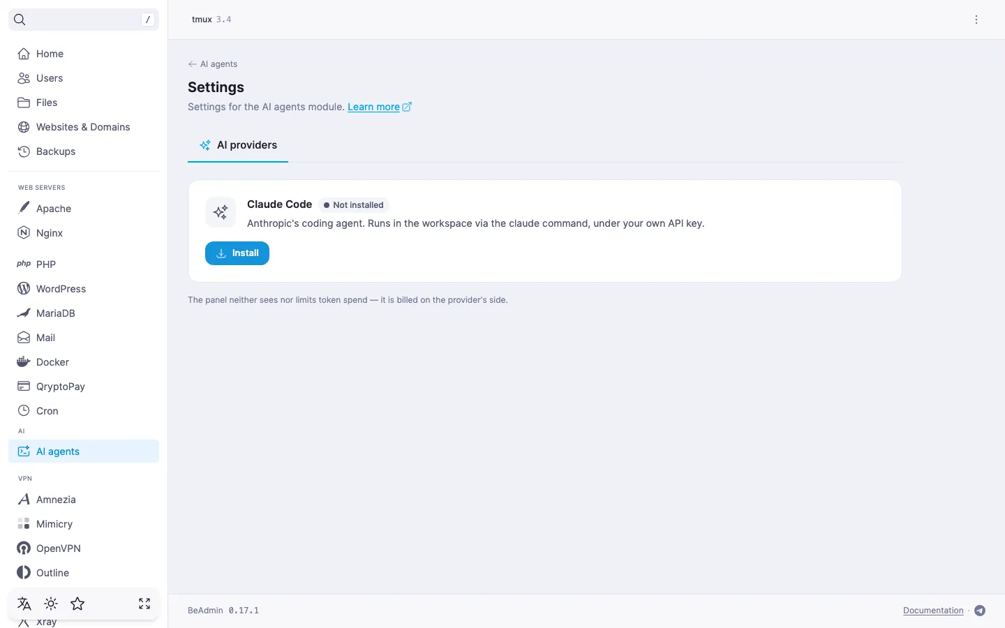 module settings, AI providers tab — the Claude Code card with the Not installed status and the Install button