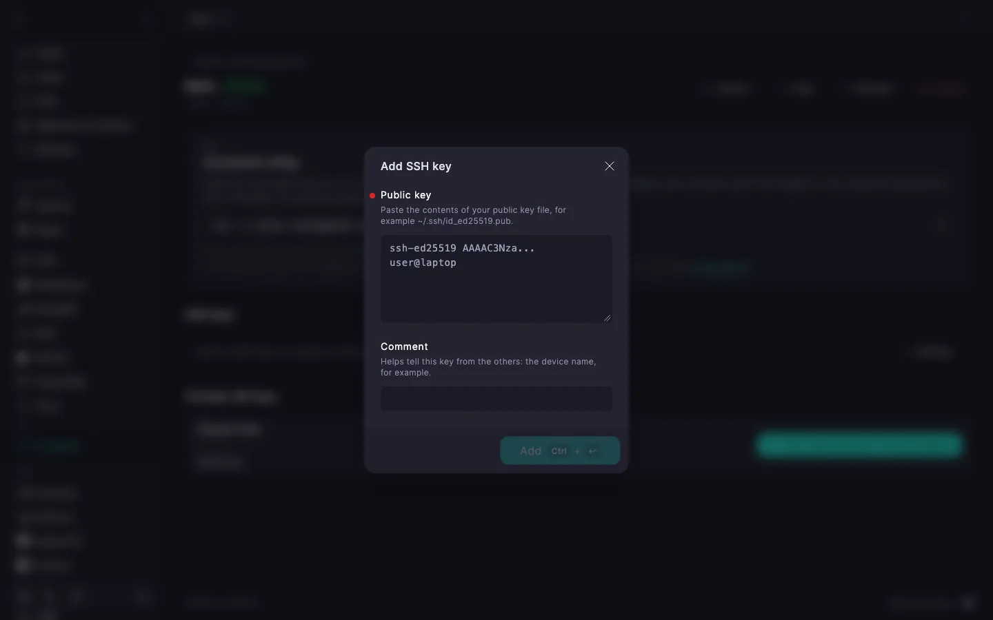 Add SSH key dialog with the Public key and Comment fields and the Add button