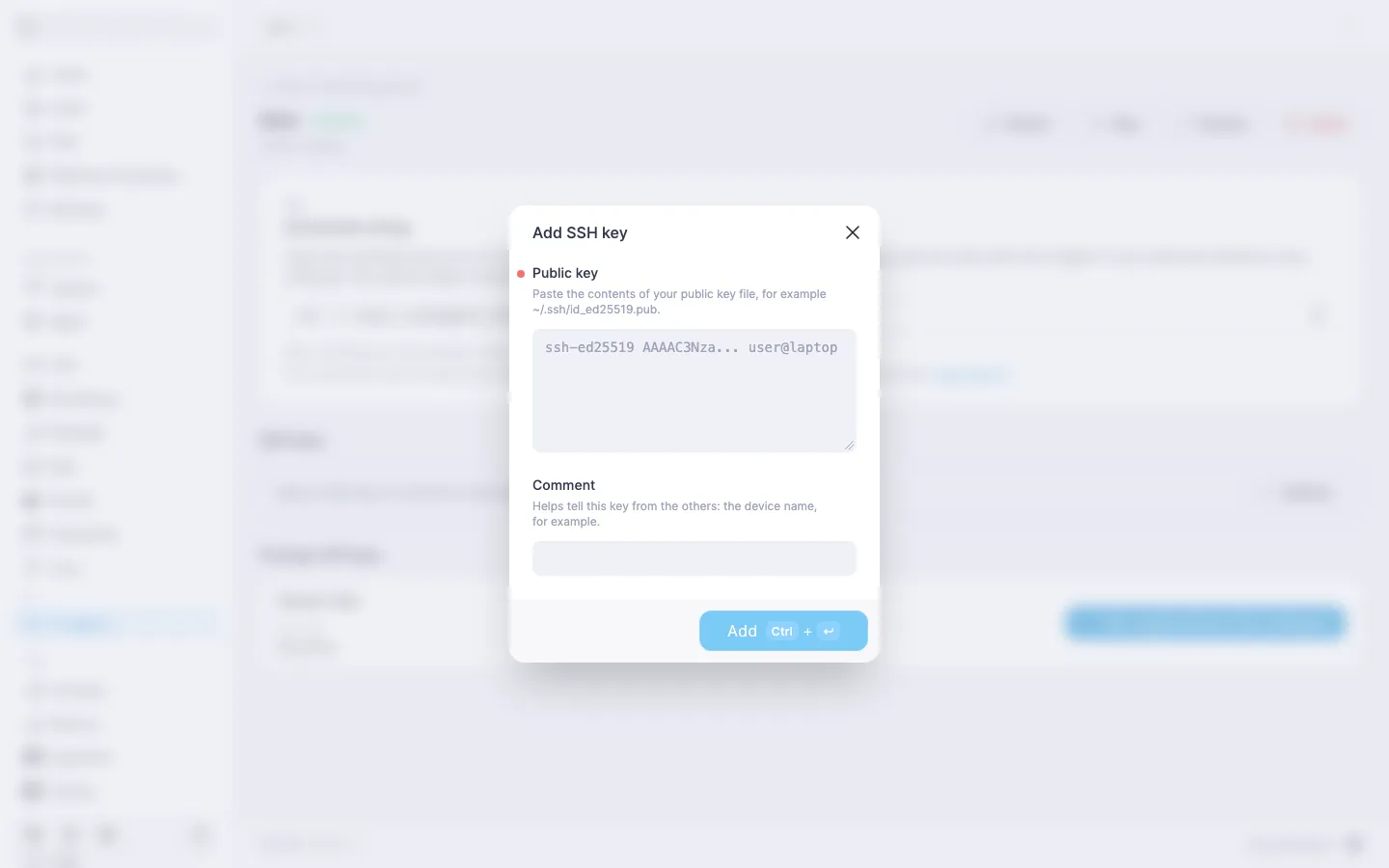 Add SSH key dialog with the Public key and Comment fields and the Add button