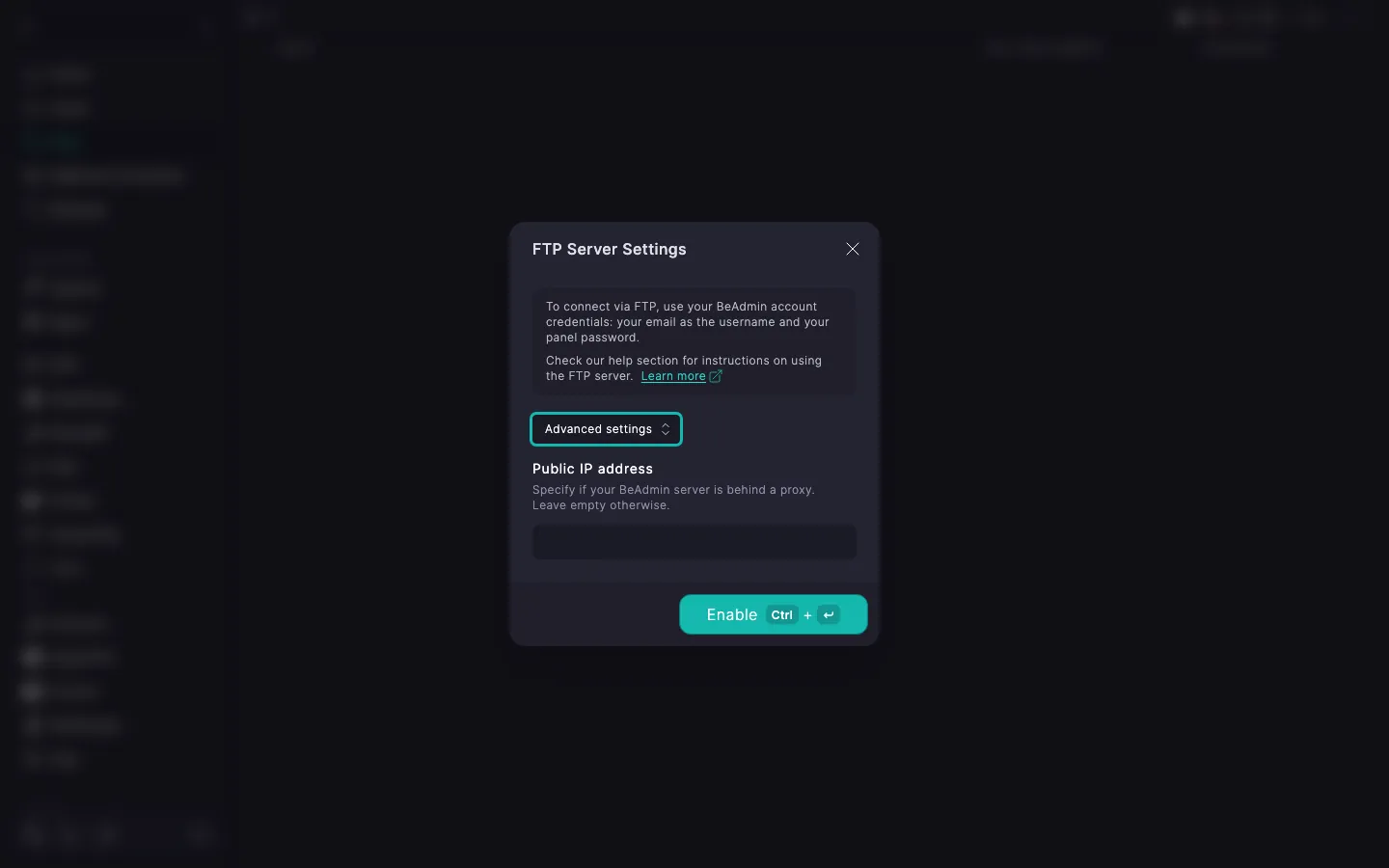 **FTP server settings** dialog with the **Advanced parameters** block expanded and the **Public IP address** field visible