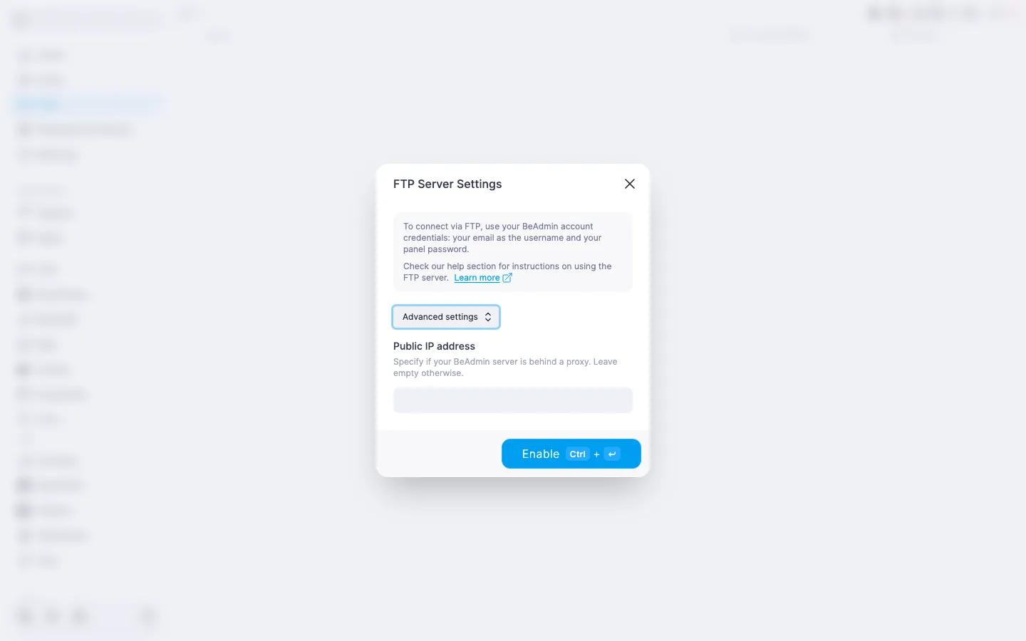**FTP server settings** dialog with the **Advanced parameters** block expanded and the **Public IP address** field visible
