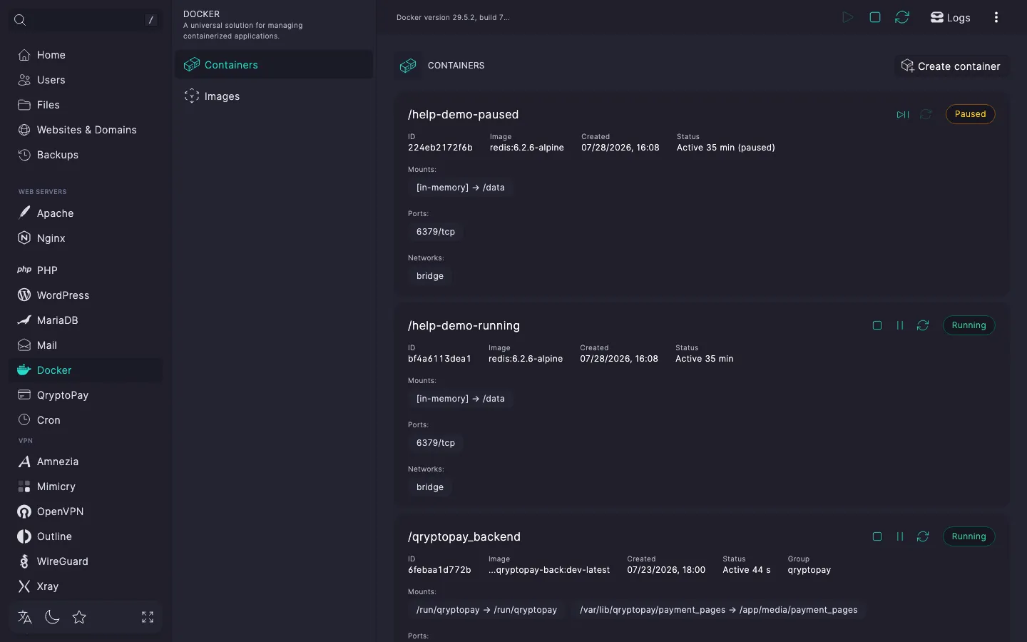 List of containers with cards in different states and their action buttons
