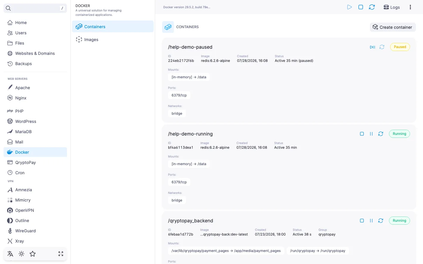 List of containers with cards in different states and their action buttons