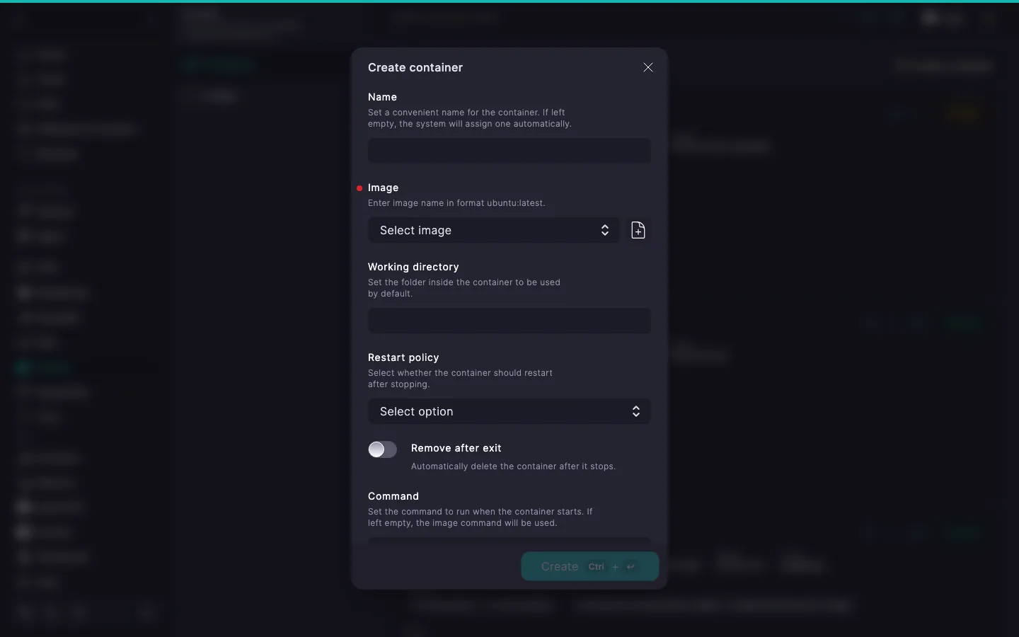 Container creation dialog with default field values
