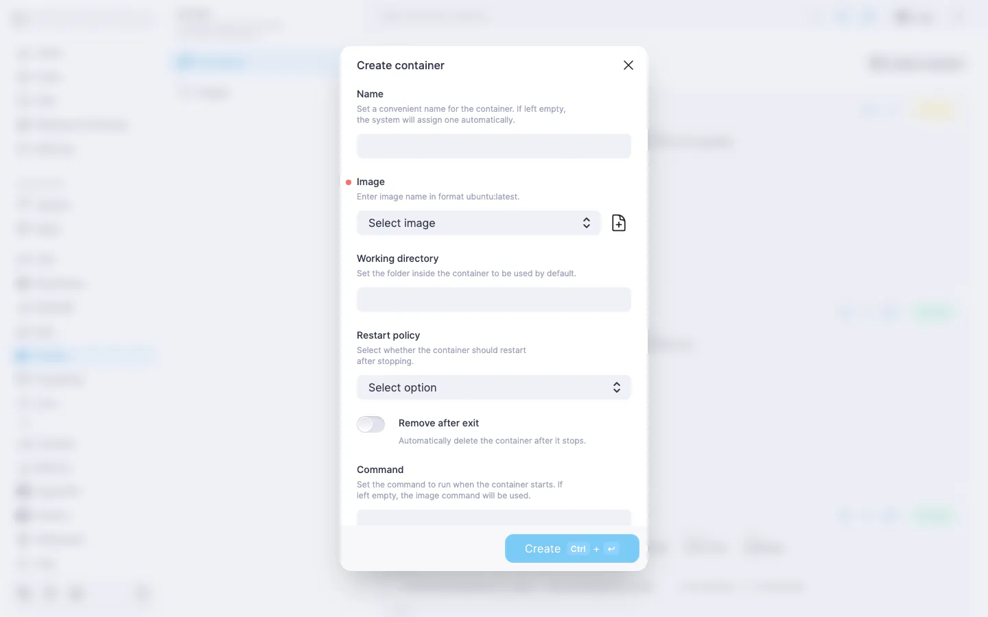 Container creation dialog with default field values