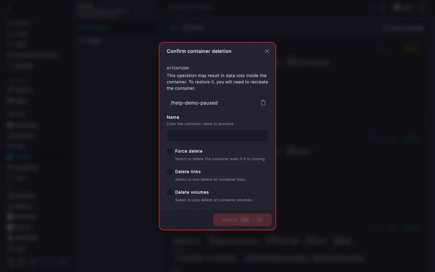 Container deletion confirmation dialog with three additional checkboxes