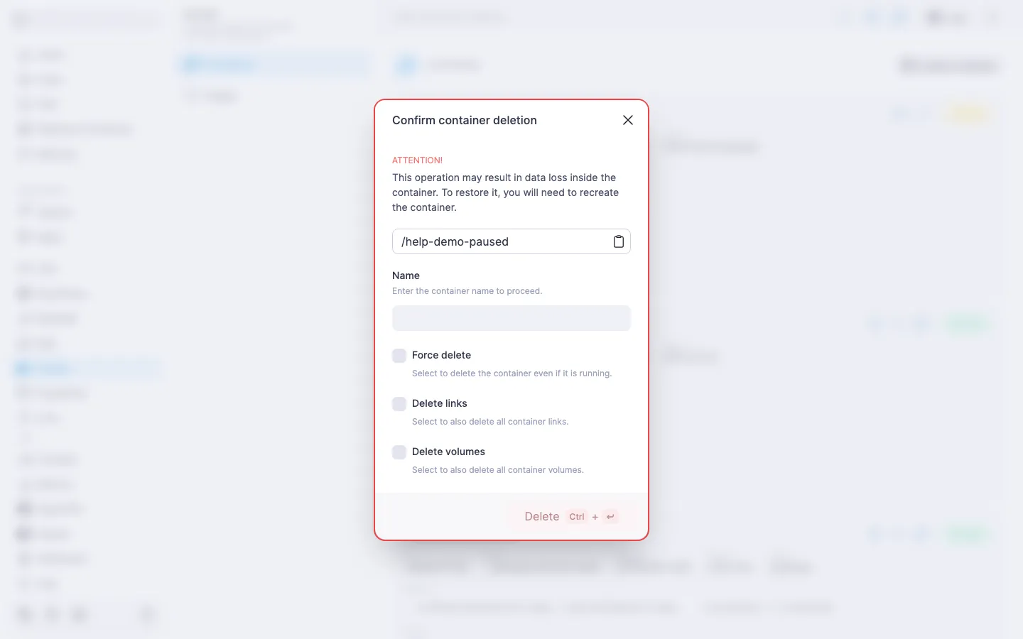 Container deletion confirmation dialog with three additional checkboxes