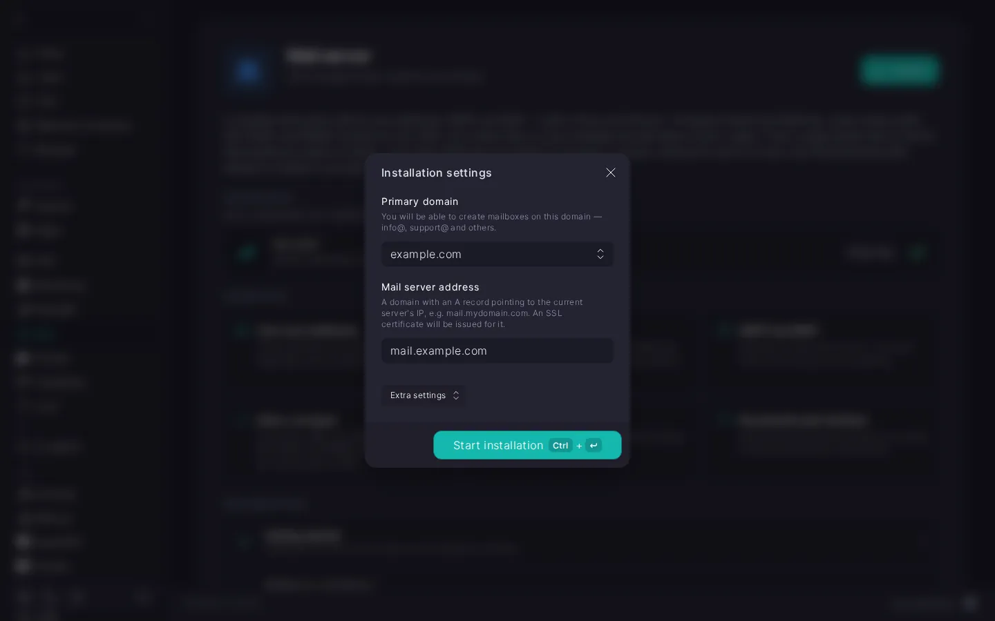 The “Installation settings” dialog for the mail server: the “Primary domain” (example.com) and “Mail server address” (mail.example.com) fields, the collapsed “Extra settings” section, and the “Start installation” button