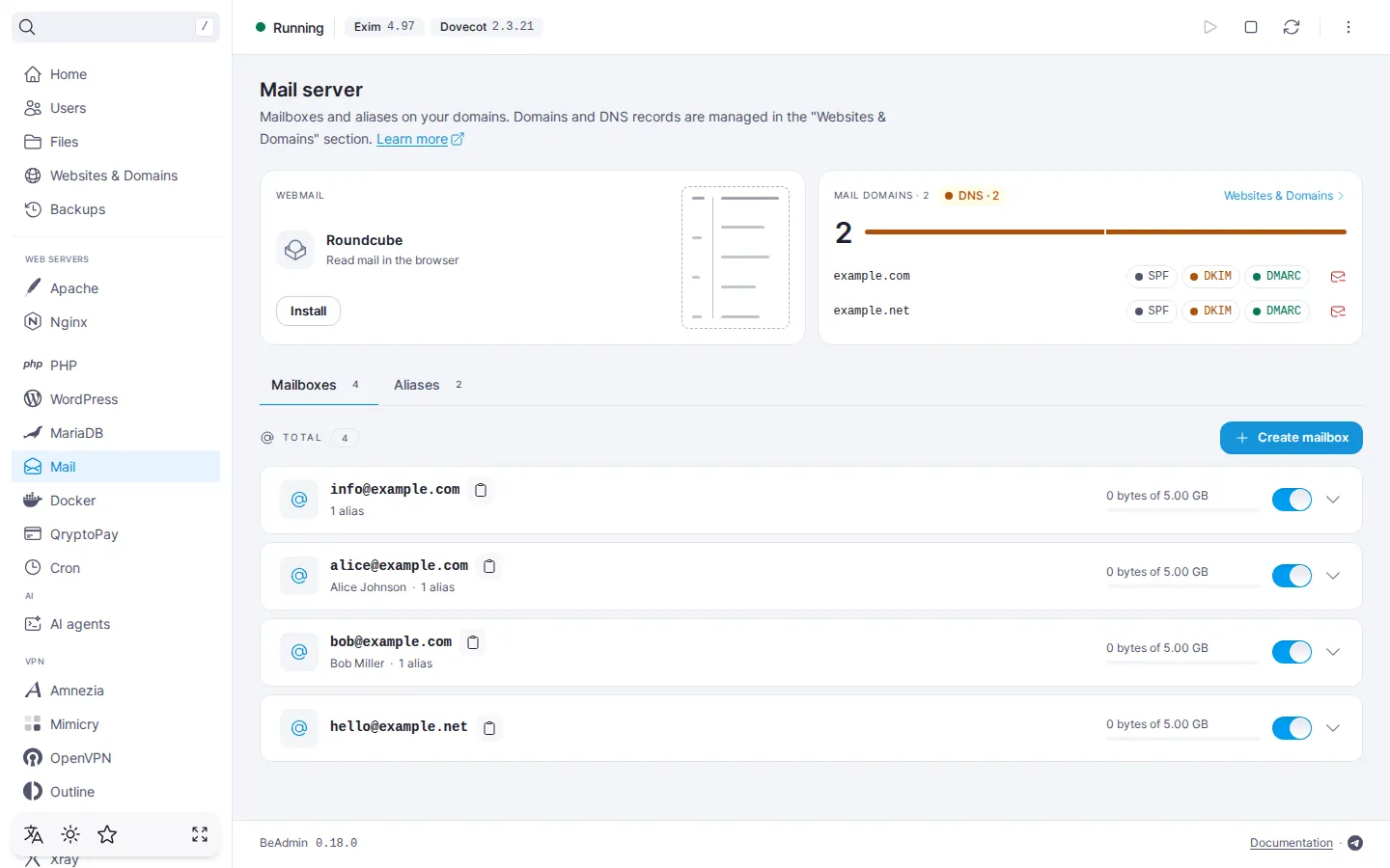 The “Mail server” page after installation: a Roundcube tile with an “Install” button, a “Mail domains” tile listing example.com and example.net with SPF, DKIM, and DMARC badges, the “Mailboxes” and “Aliases” tabs, and a list of four mailboxes