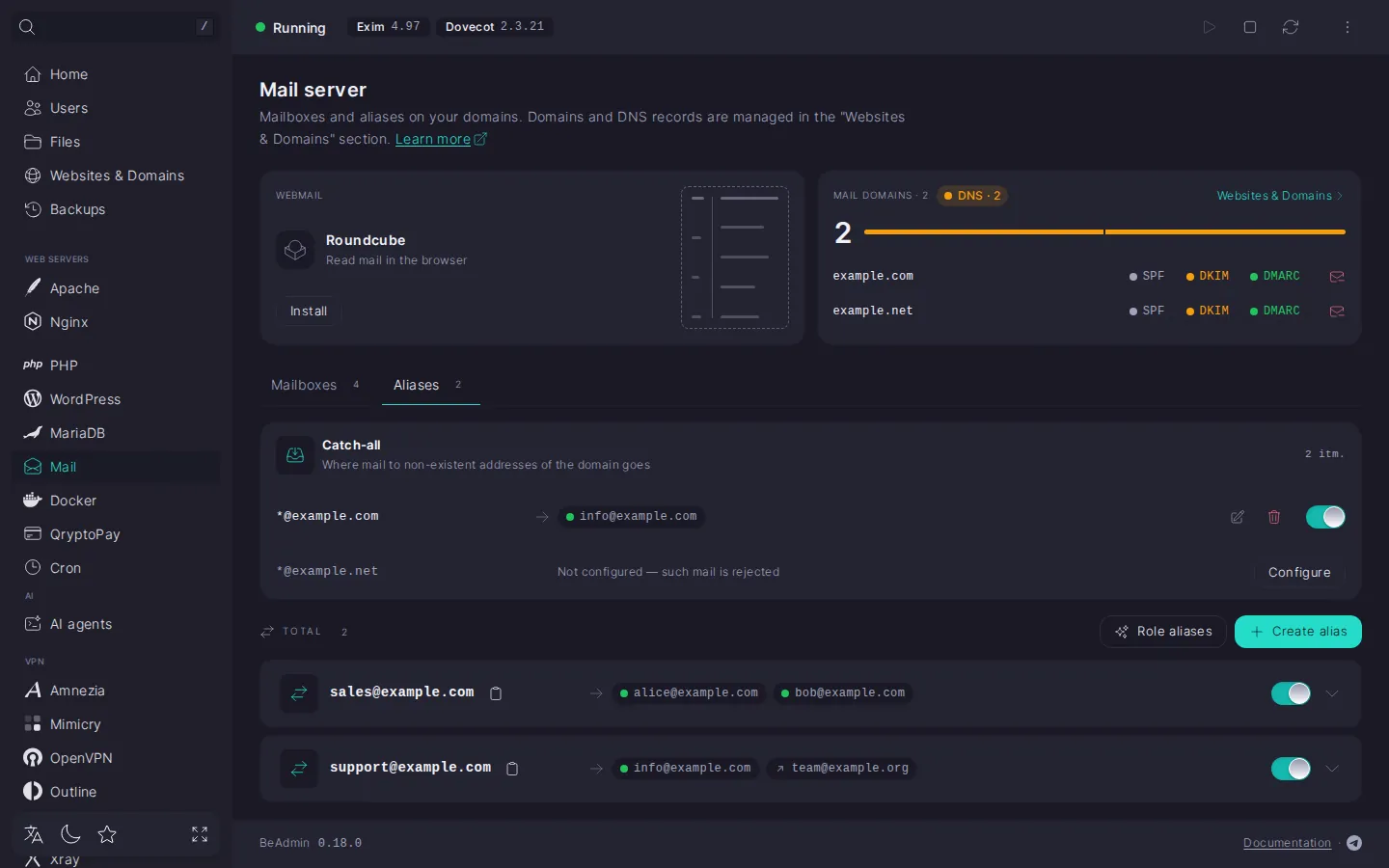 The “Aliases” tab: the catch-all block, where mail to non-existent addresses on example.com goes to info@example.com and catch-all is not set up for example.net, the “Role aliases” and “Create alias” buttons, and a list of the aliases sales@example.com and support@example.com with their recipients