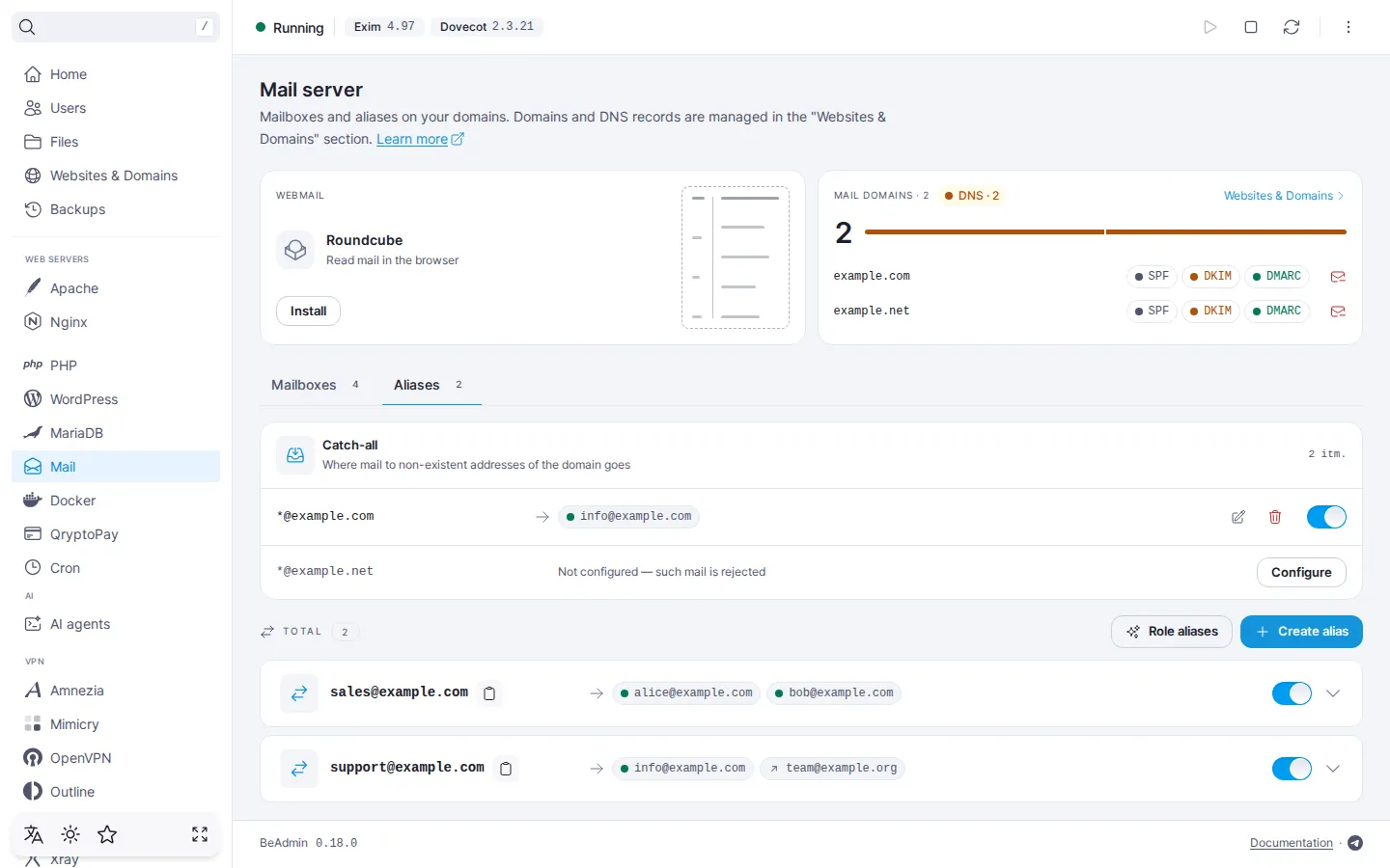 The “Aliases” tab: the catch-all block, where mail to non-existent addresses on example.com goes to info@example.com and catch-all is not set up for example.net, the “Role aliases” and “Create alias” buttons, and a list of the aliases sales@example.com and support@example.com with their recipients