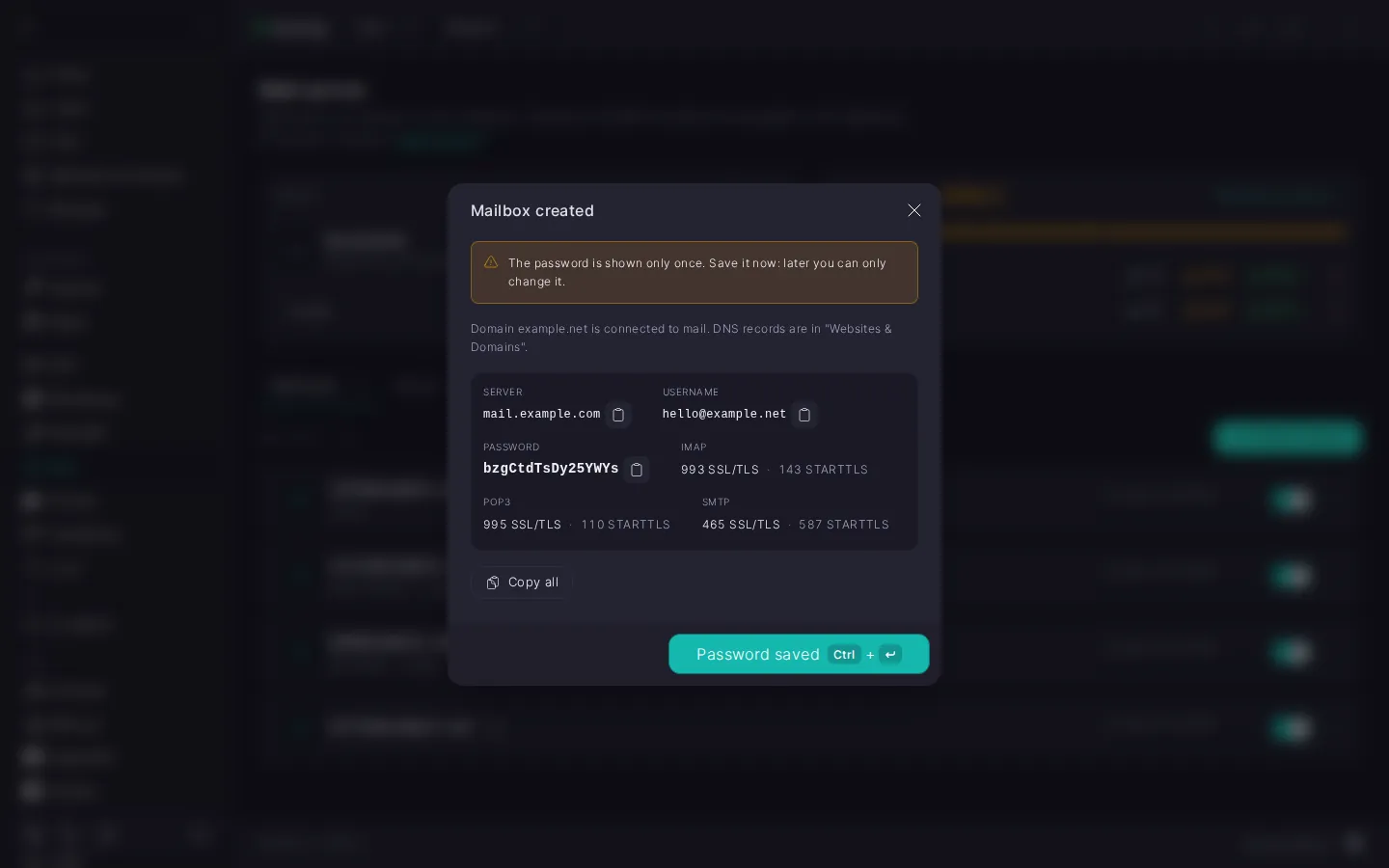 The “Mailbox created” dialog for hello@example.net: a warning that the password is shown only once, a line saying the domain is connected to mail, the server, username, password, and IMAP, POP3, and SMTP ports, and the “Copy all” and “Password saved” buttons