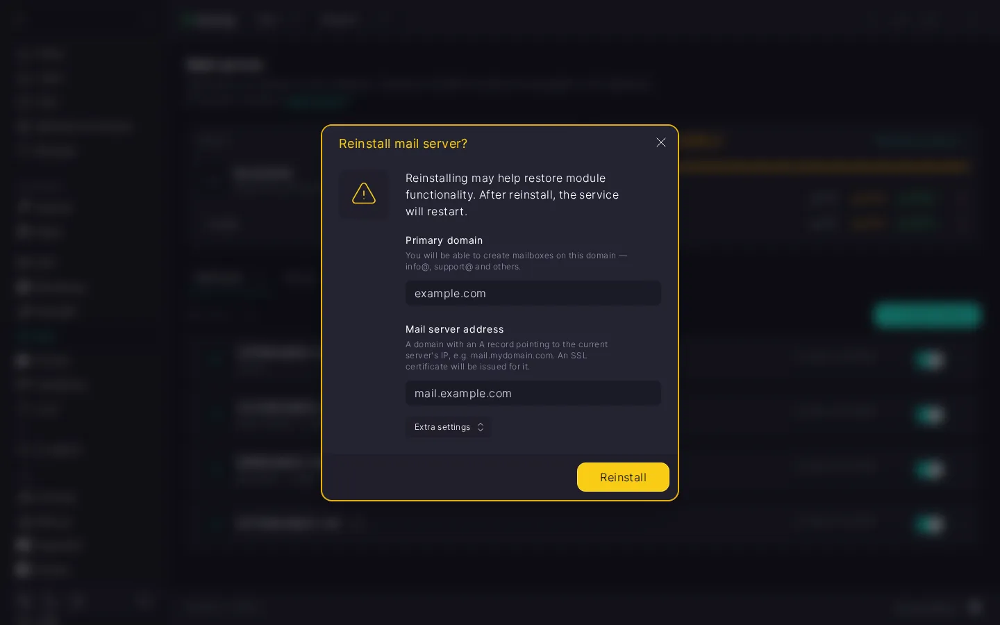 The “Reinstall mail server?” dialog: the “Primary domain” and “Mail server address” fields, the collapsed “Extra settings” section, and the “Reinstall” button