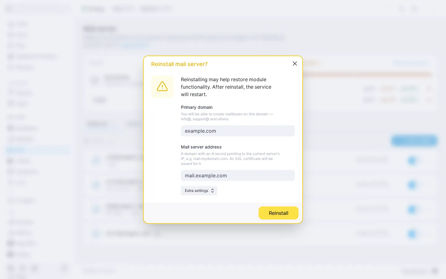 The “Reinstall mail server?” dialog: the “Primary domain” and “Mail server address” fields, the collapsed “Extra settings” section, and the “Reinstall” button
