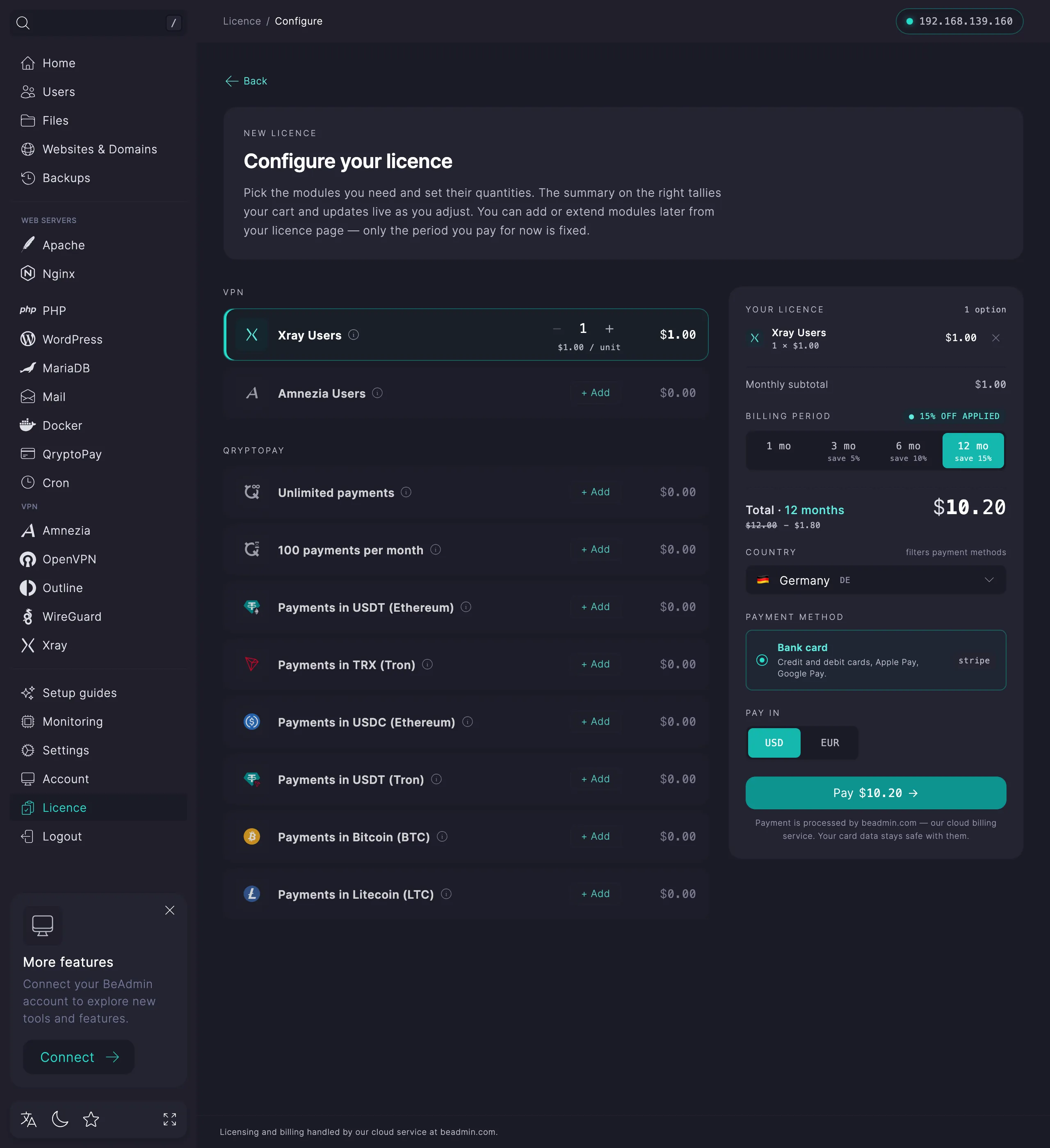 Configuring a new licence: picking modules, the billing period, and the payment method, with the summary and total on the right