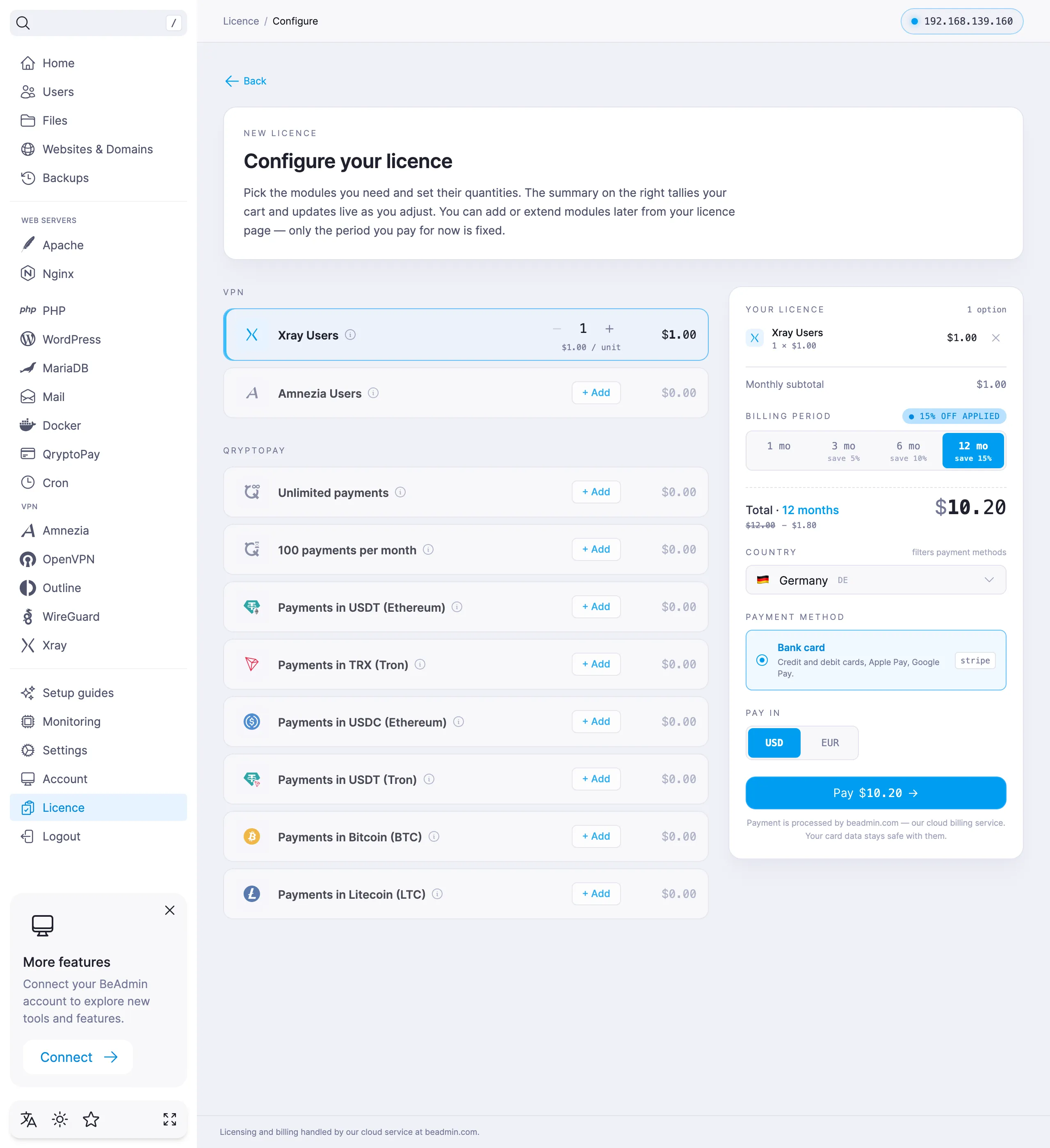 Configuring a new licence: picking modules, the billing period, and the payment method, with the summary and total on the right