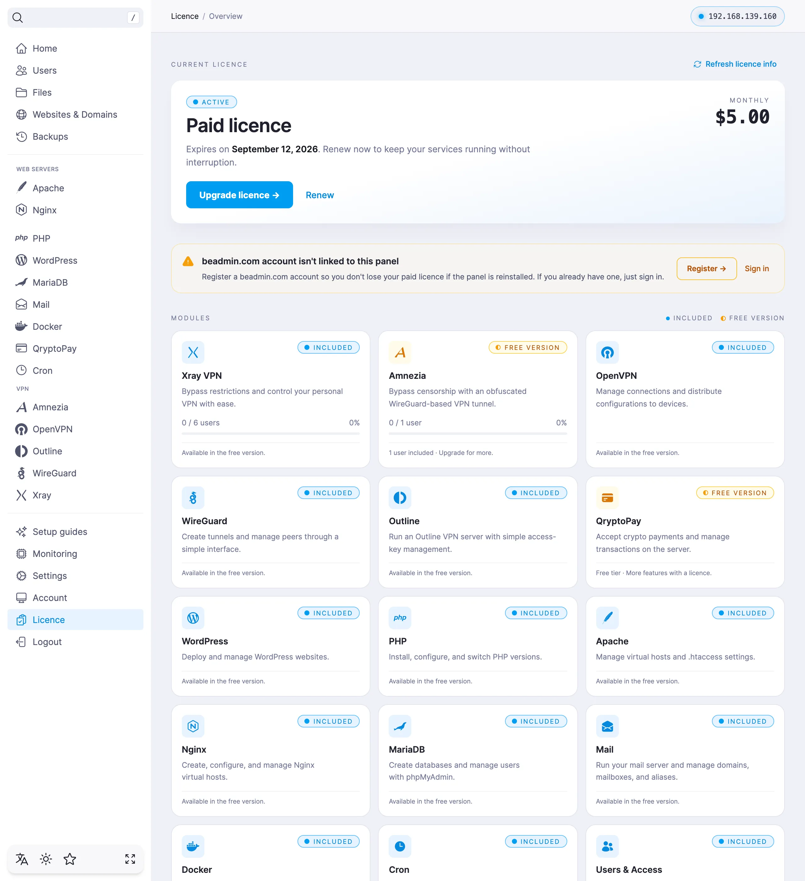 The Licence page with an active licence: its term, the monthly price, and the Upgrade licence and Renew buttons