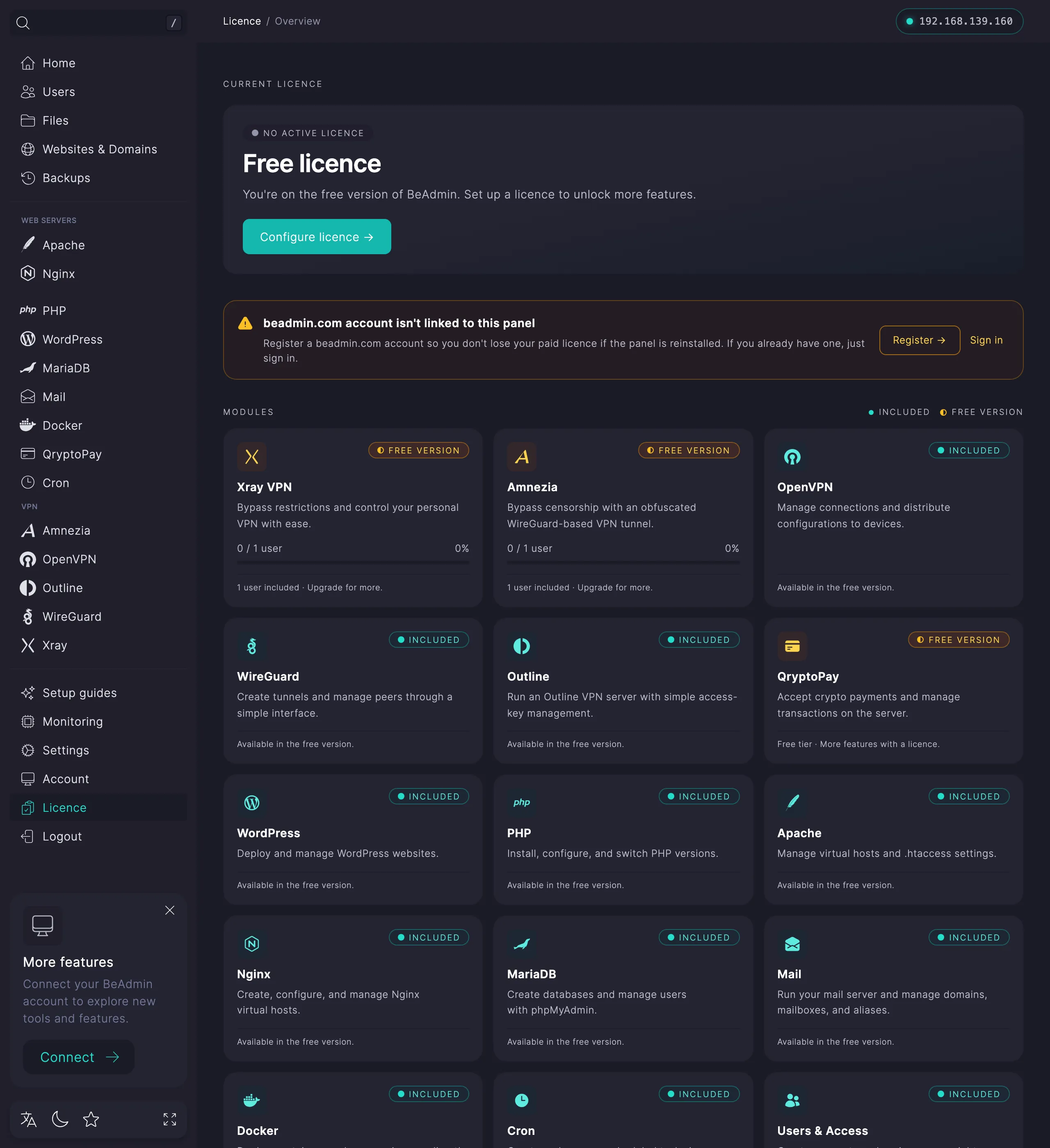 The Licence page in the free version: a Configure licence button in the header and the list of modules