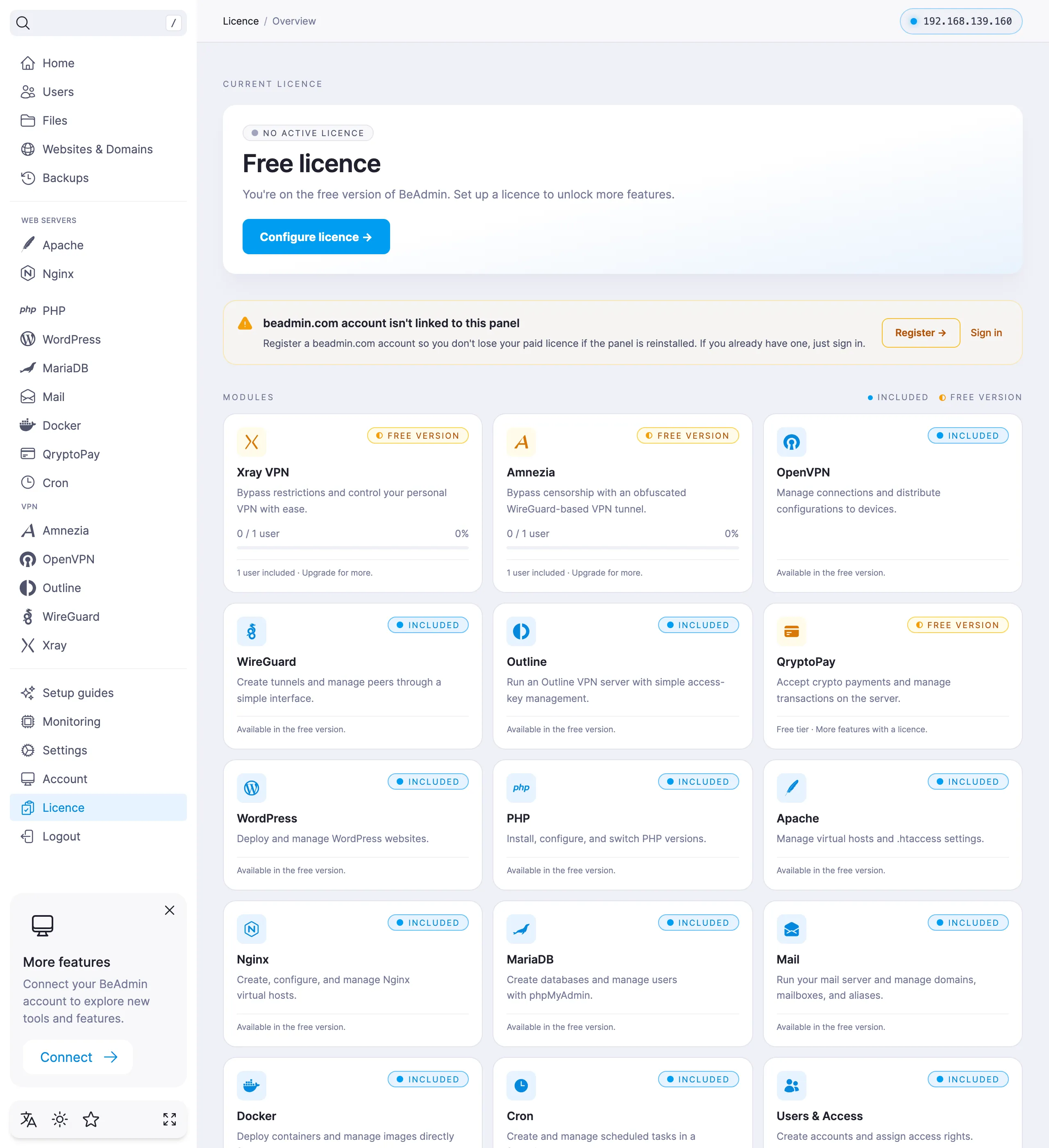 The Licence page in the free version: a Configure licence button in the header and the list of modules