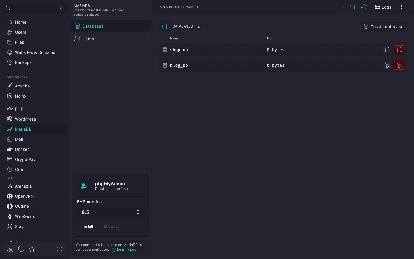 List of created databases on the Databases tab