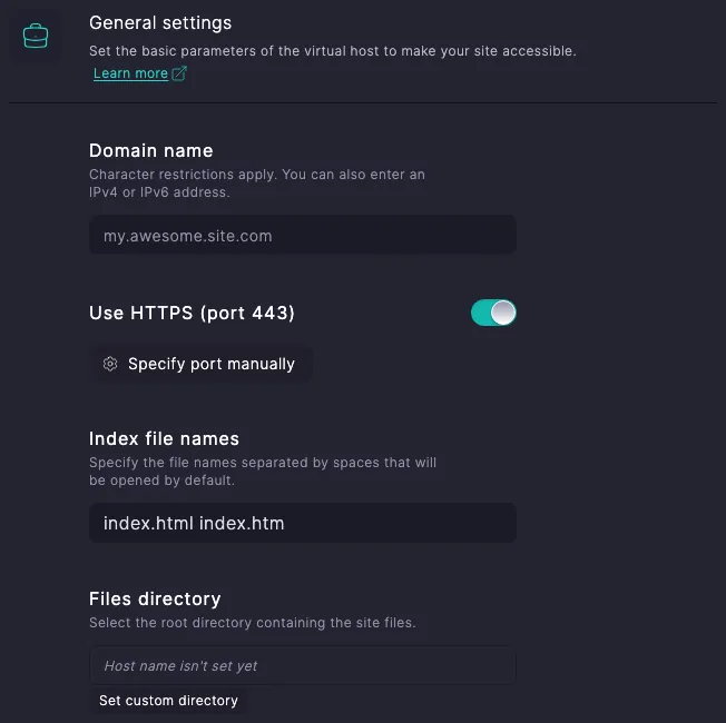 «Use HTTPS (port 443)» toggle in the virtual host creation form