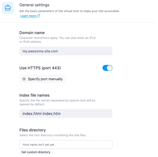 «Use HTTPS (port 443)» toggle in the virtual host creation form