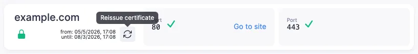 Arrow icon for issuing or reissuing a certificate in the «Sites and domains» section with the «Reissue certificate» tooltip