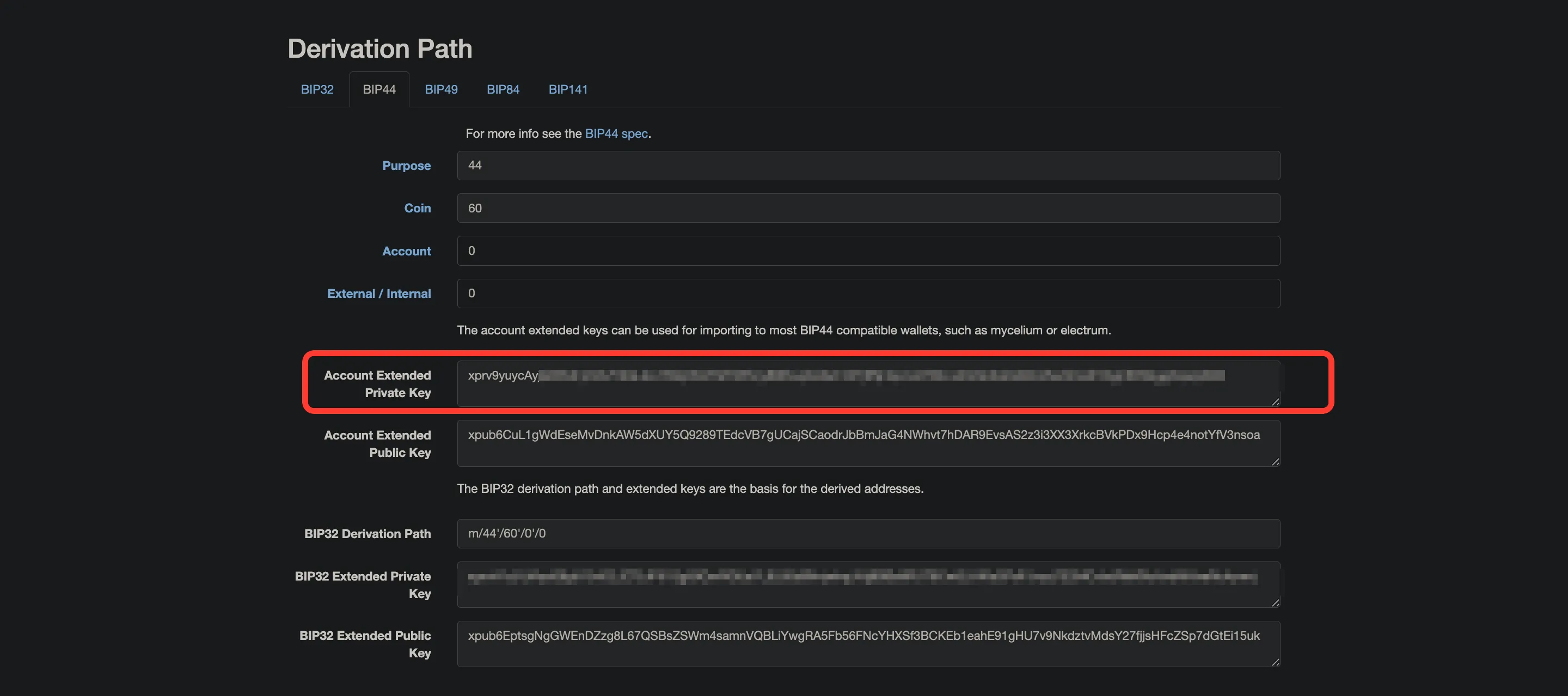 The BIP44 tab on iancoleman.io/bip39 with the Account Extended Private Key field highlighted
