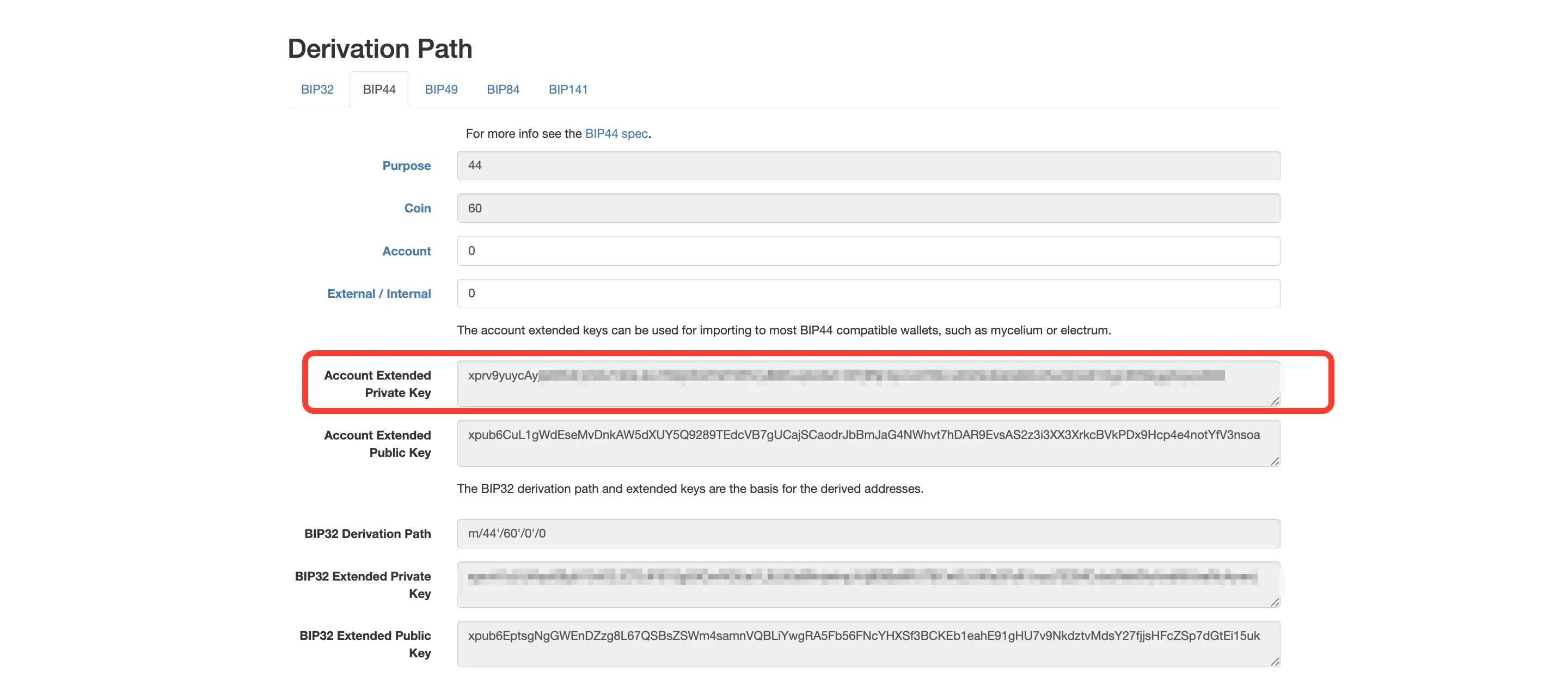 The BIP44 tab on iancoleman.io/bip39 with the Account Extended Private Key field highlighted