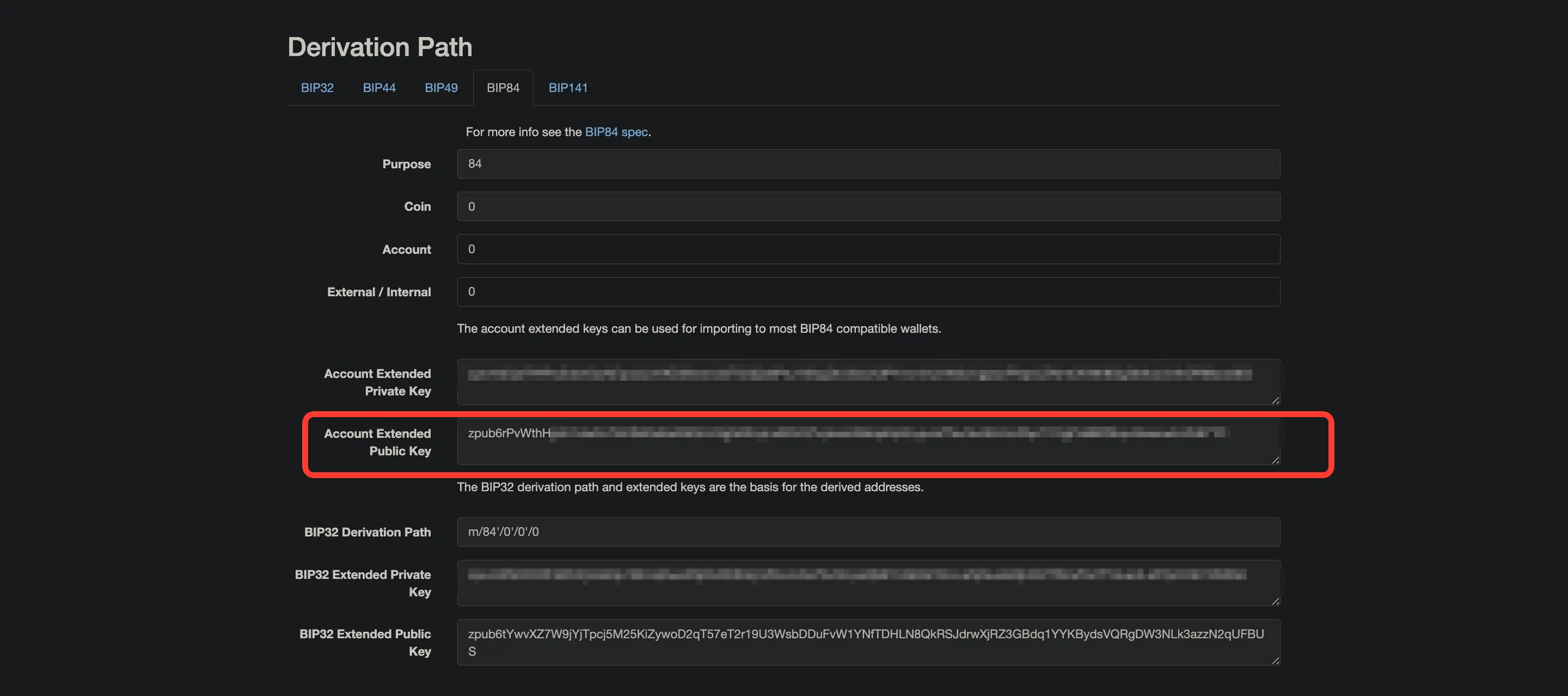 The BIP84 tab on iancoleman.io/bip39 with the Account Extended Public Key field highlighted