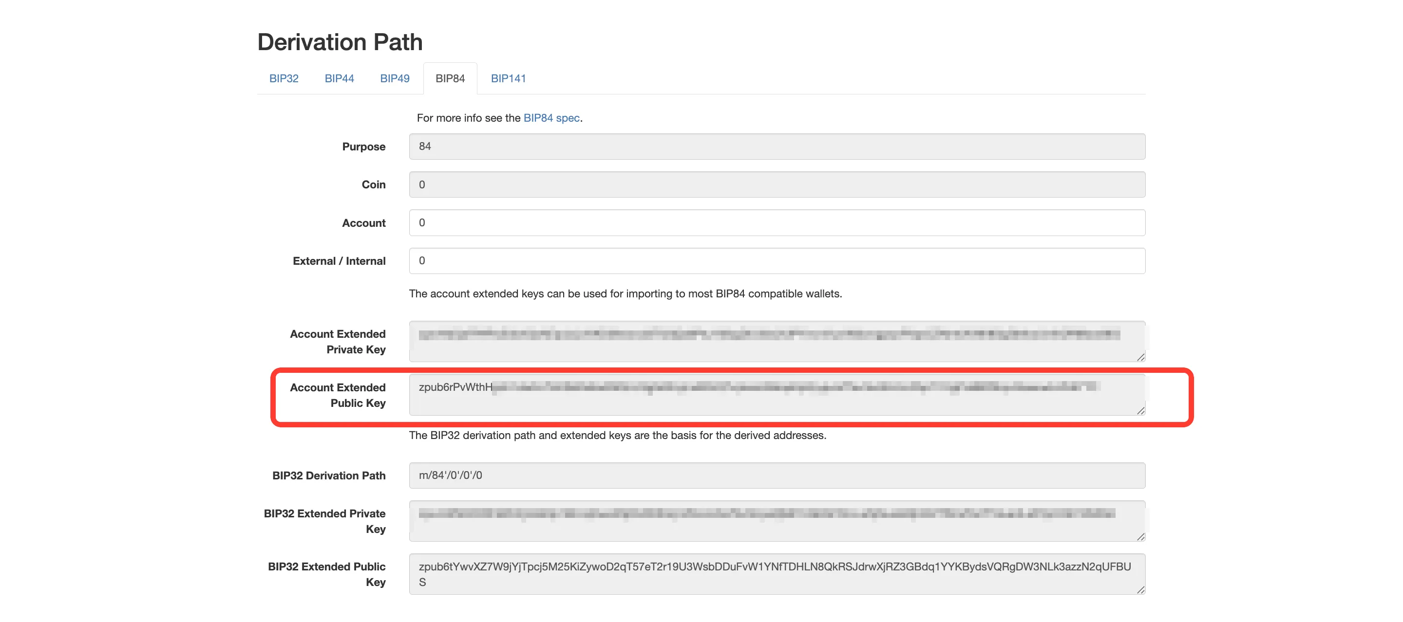 The BIP84 tab on iancoleman.io/bip39 with the Account Extended Public Key field highlighted