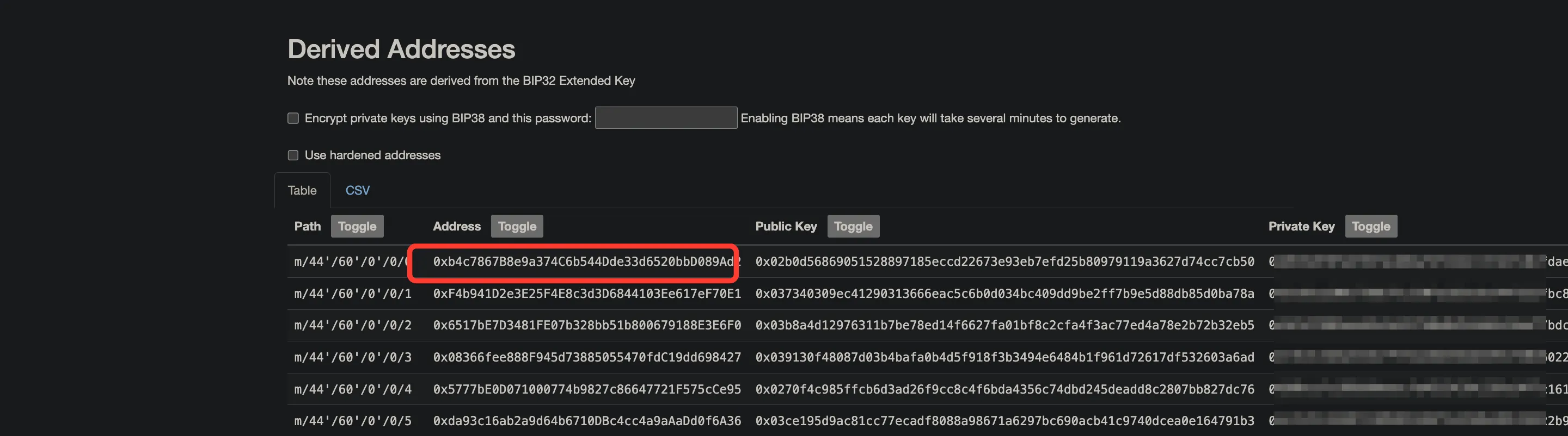 The Derived Addresses table on iancoleman.io/bip39 with the first Ethereum address highlighted