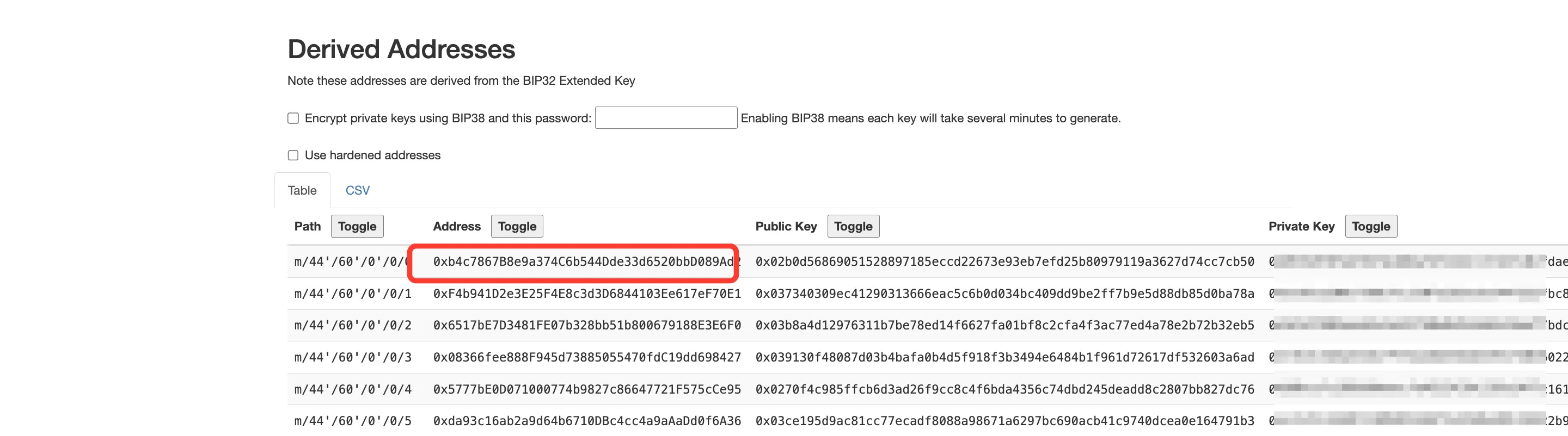 The Derived Addresses table on iancoleman.io/bip39 with the first Ethereum address highlighted