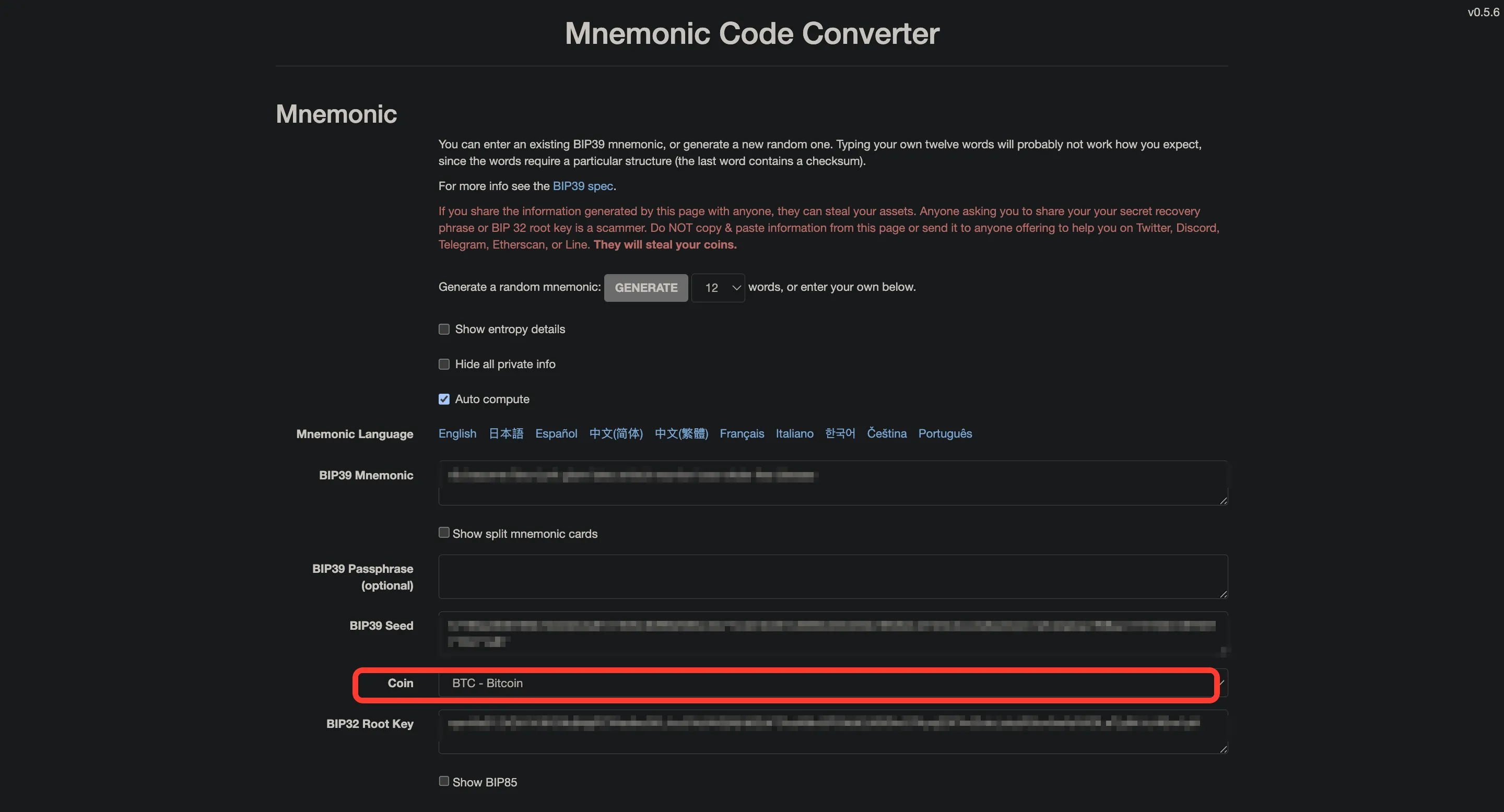 The BIP39 Mnemonic field and Coin dropdown on the iancoleman.io/bip39 page