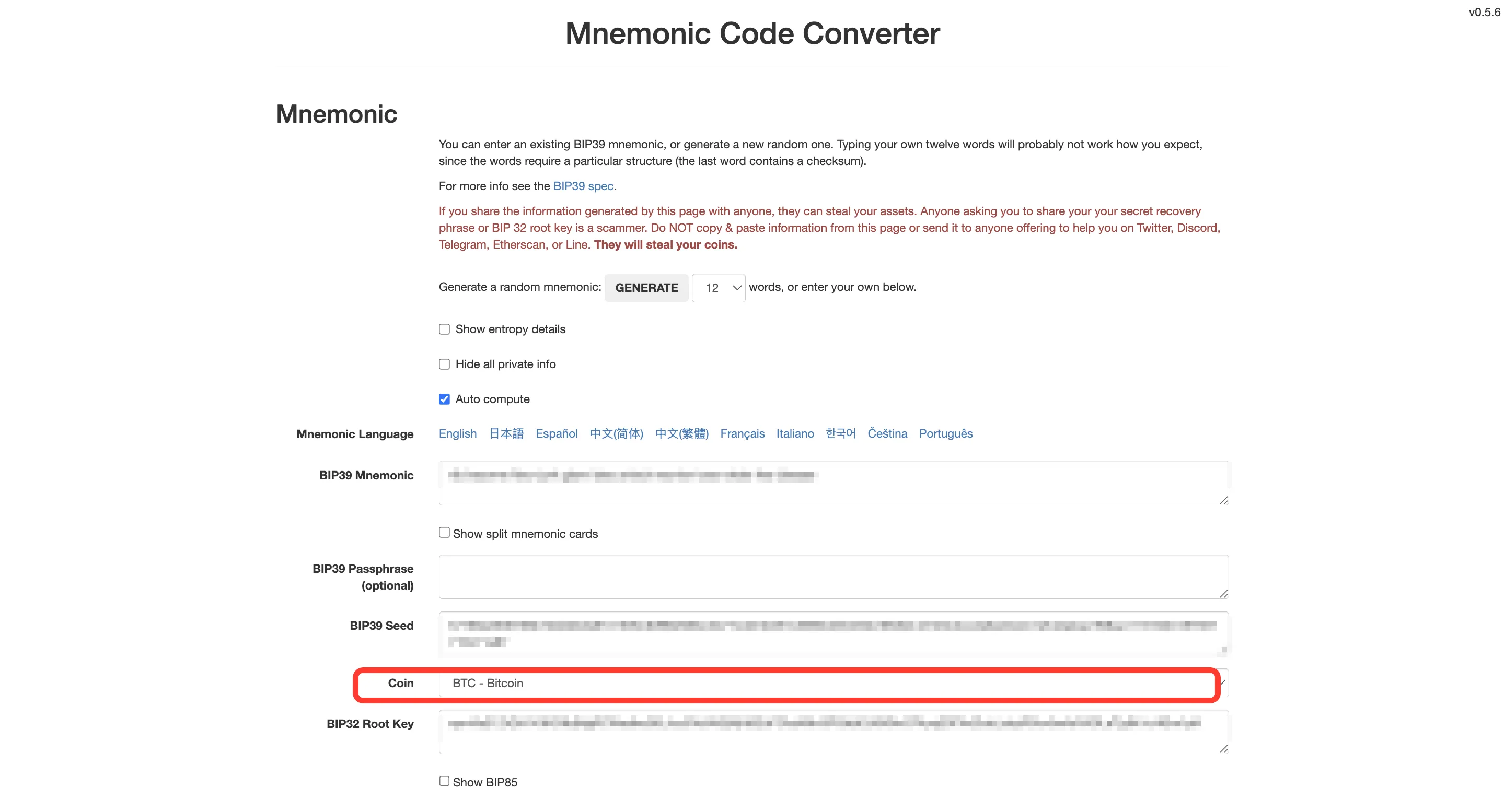 The BIP39 Mnemonic field and Coin dropdown on the iancoleman.io/bip39 page