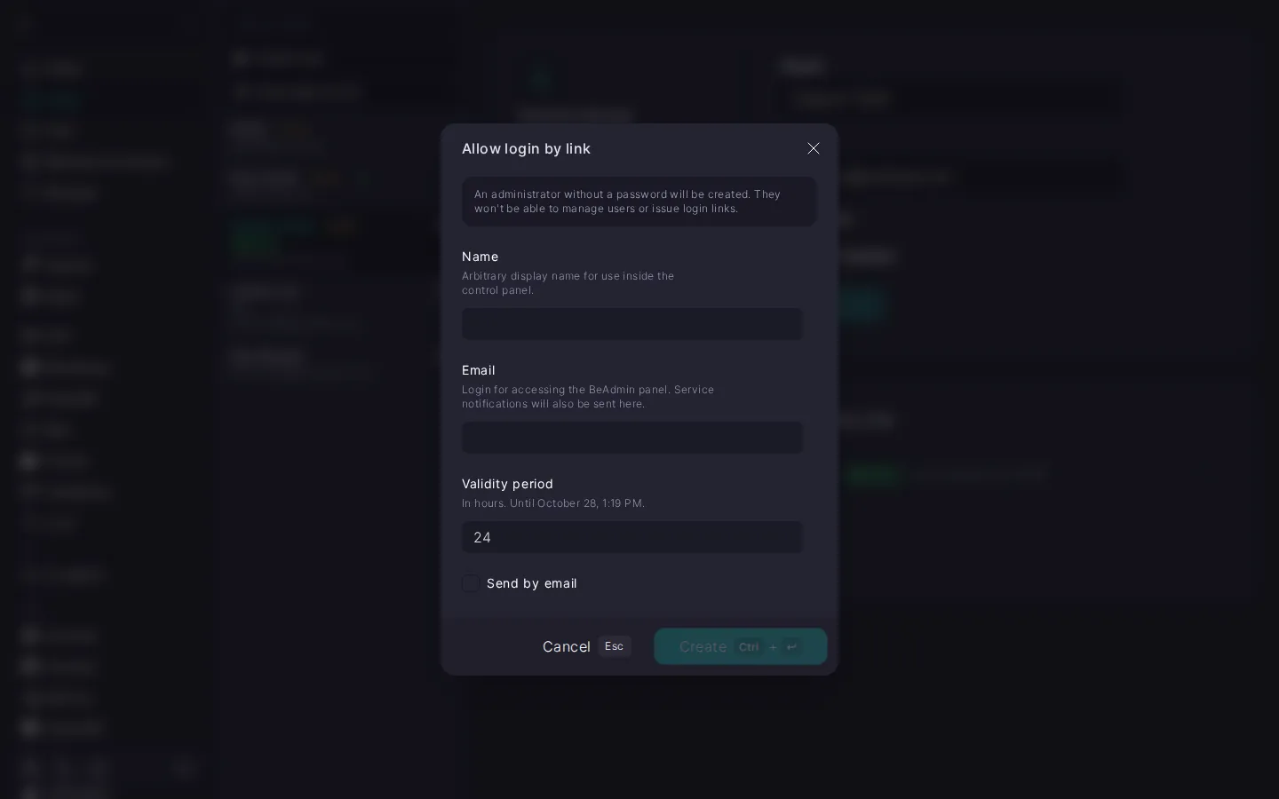 “Allow login by link” dialog with default values