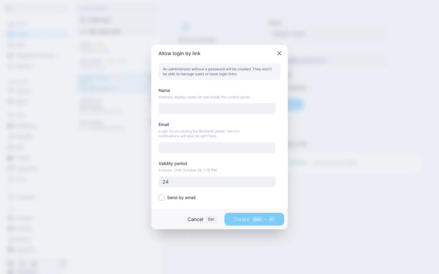 “Allow login by link” dialog with default values