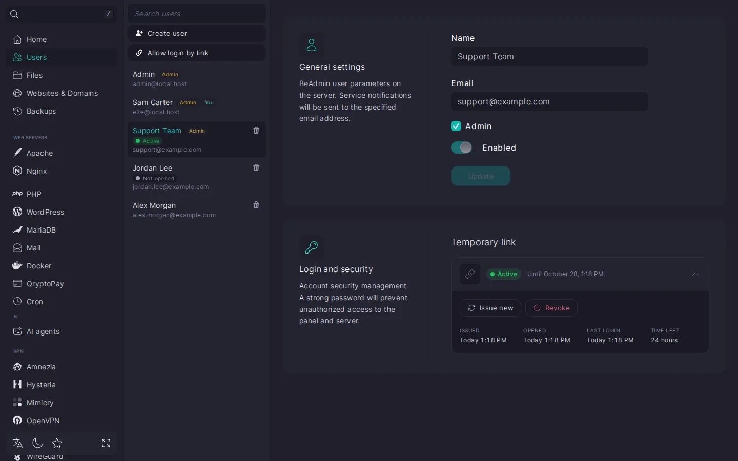 user card with the “Temporary link” block expanded