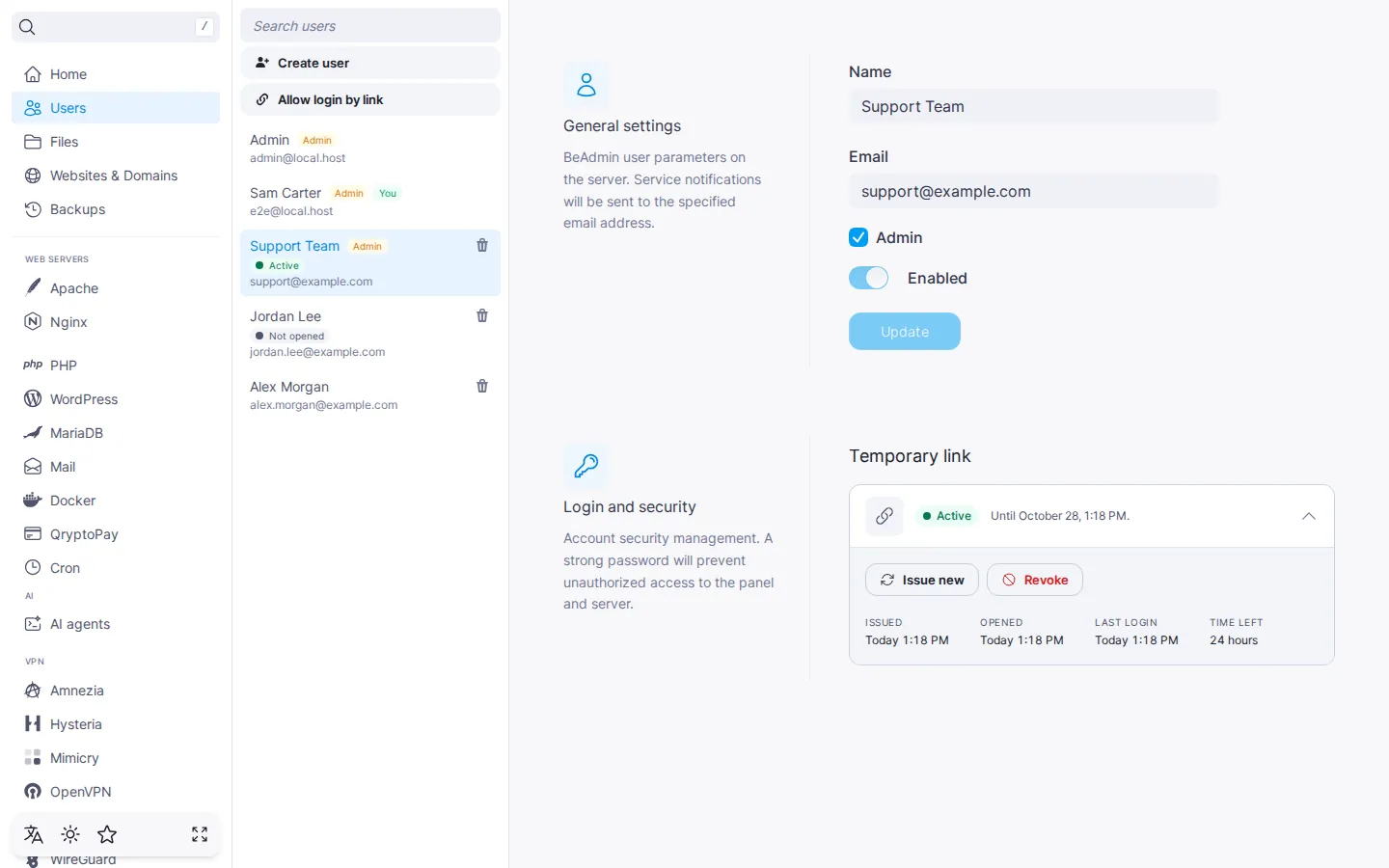 user card with the “Temporary link” block expanded