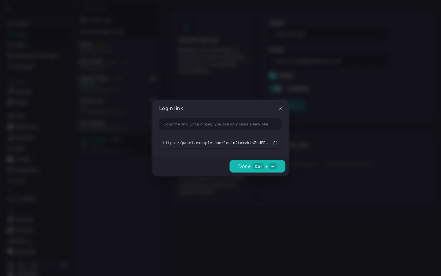 “Login link” window with the issued link